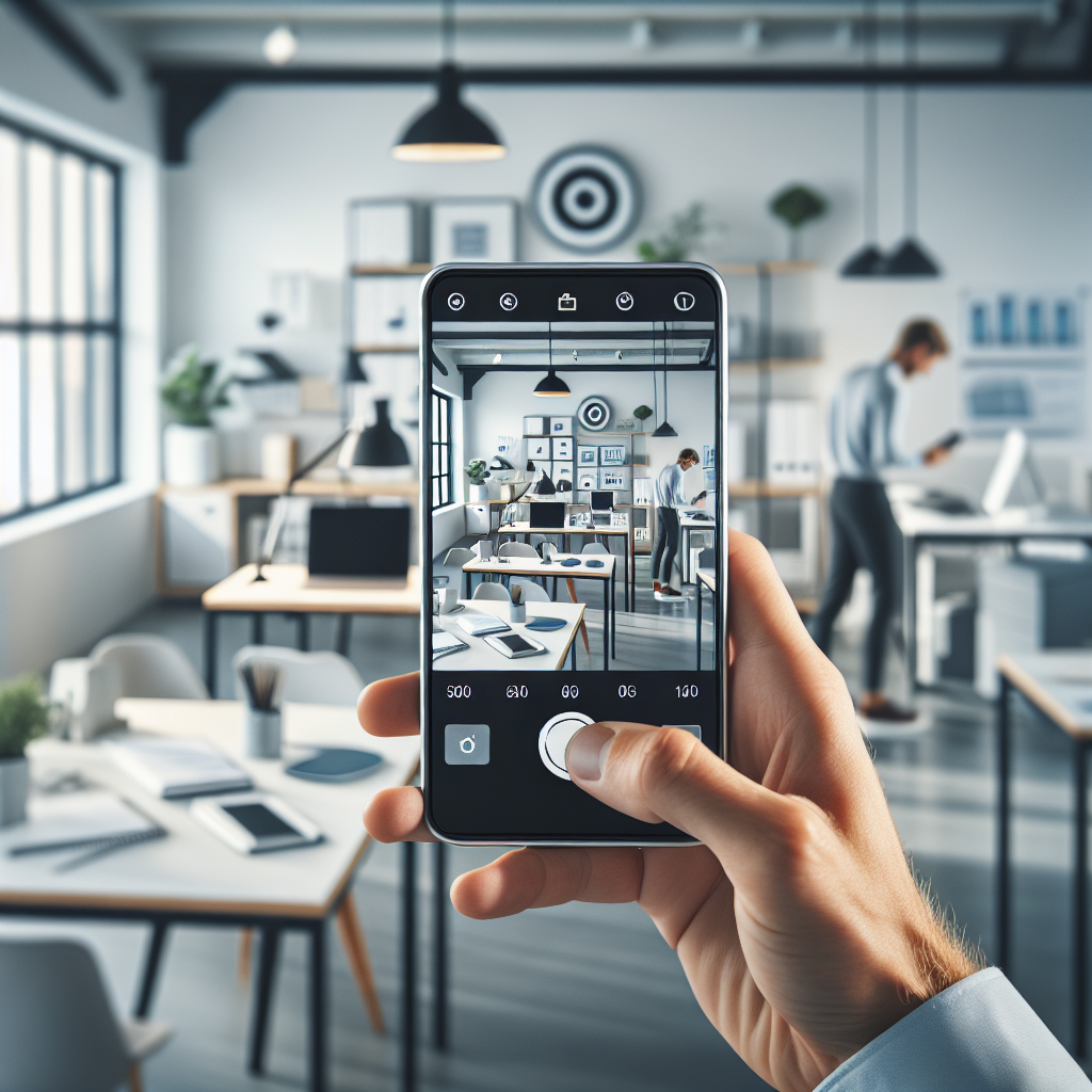 Person fotograferer kontorutstyr med mobiltelefon for inventardokumentasjon