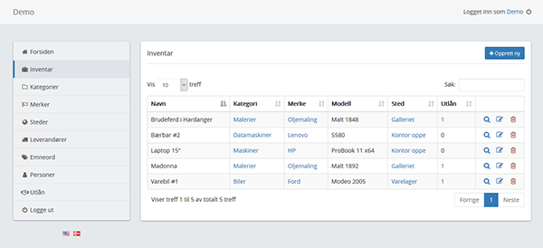 Oversikt over biler i InventarListen