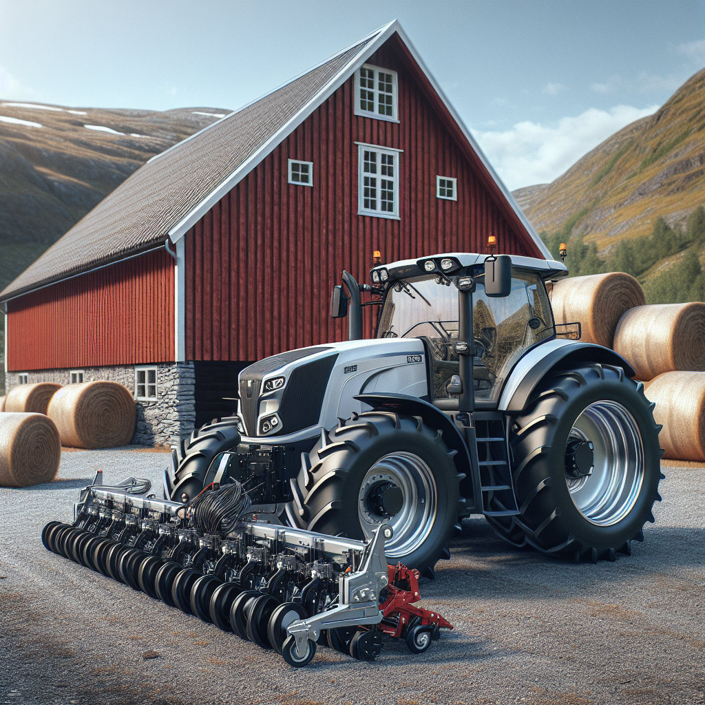 Traktor med redskap parkert ved låven
