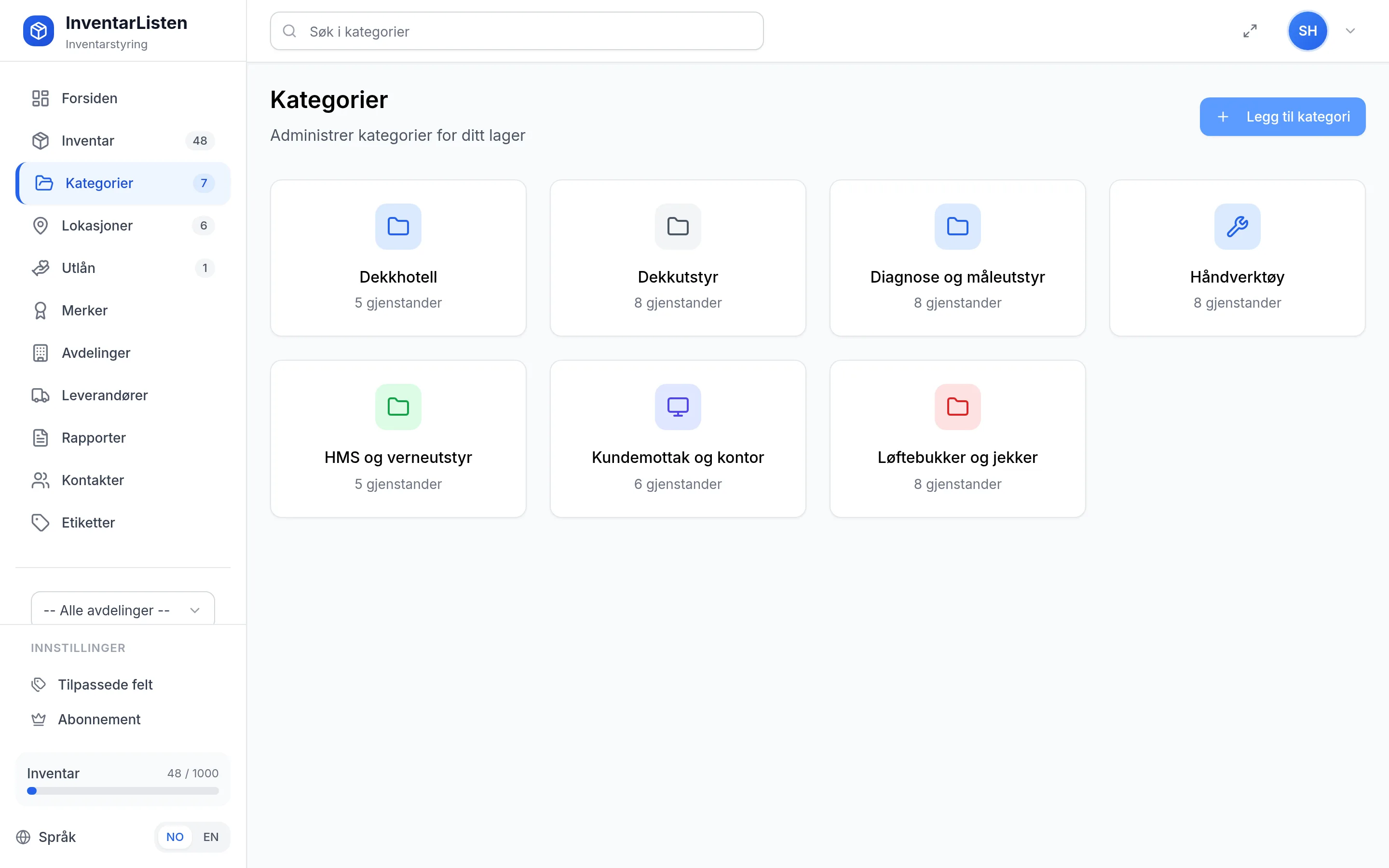 Kategorier for bilverksted med dekkhotell i InventarListen
