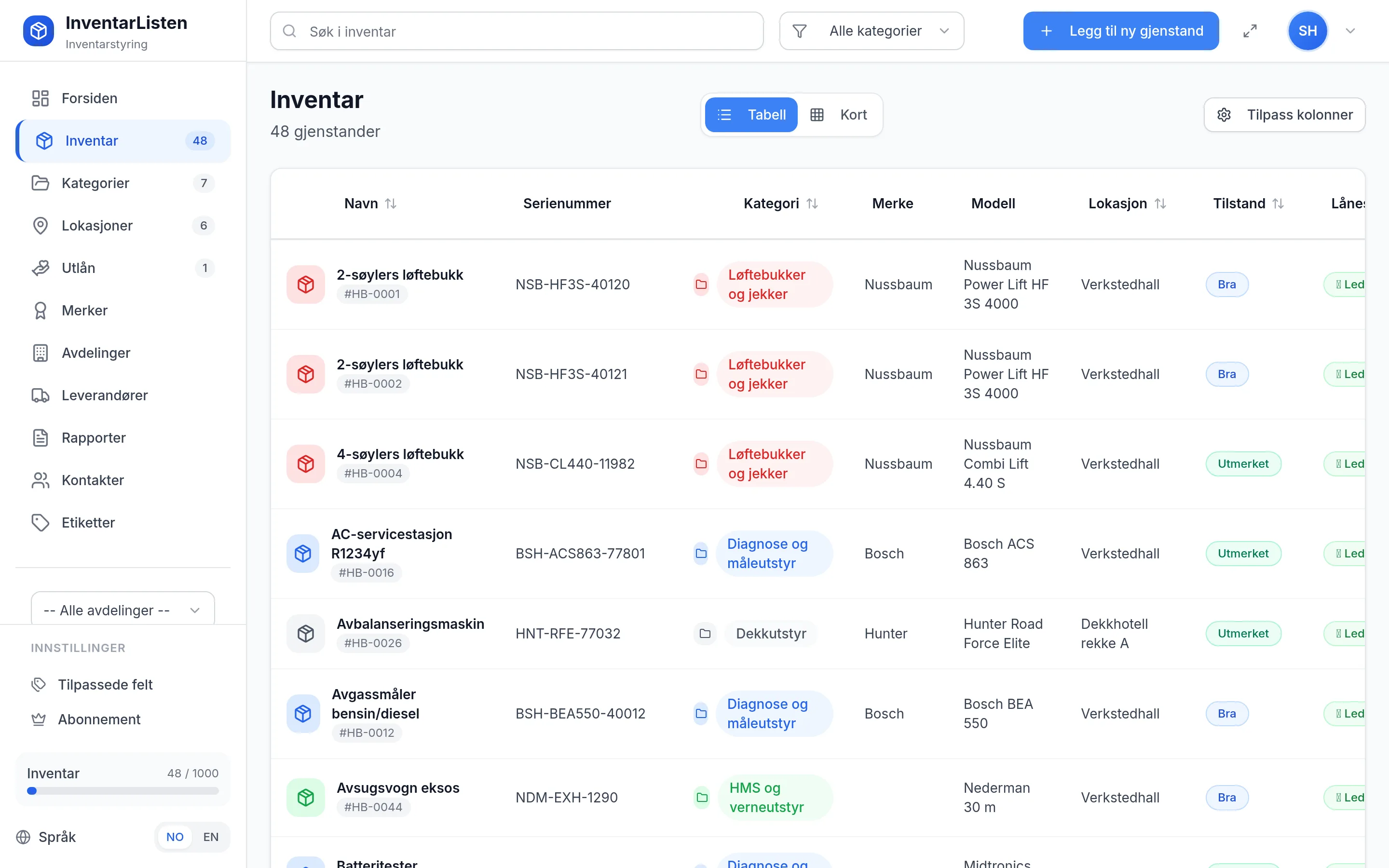 Inventarliste for bilverksted med dekkhotell i InventarListen – tabellvisning med kategori, plassering og tilstand