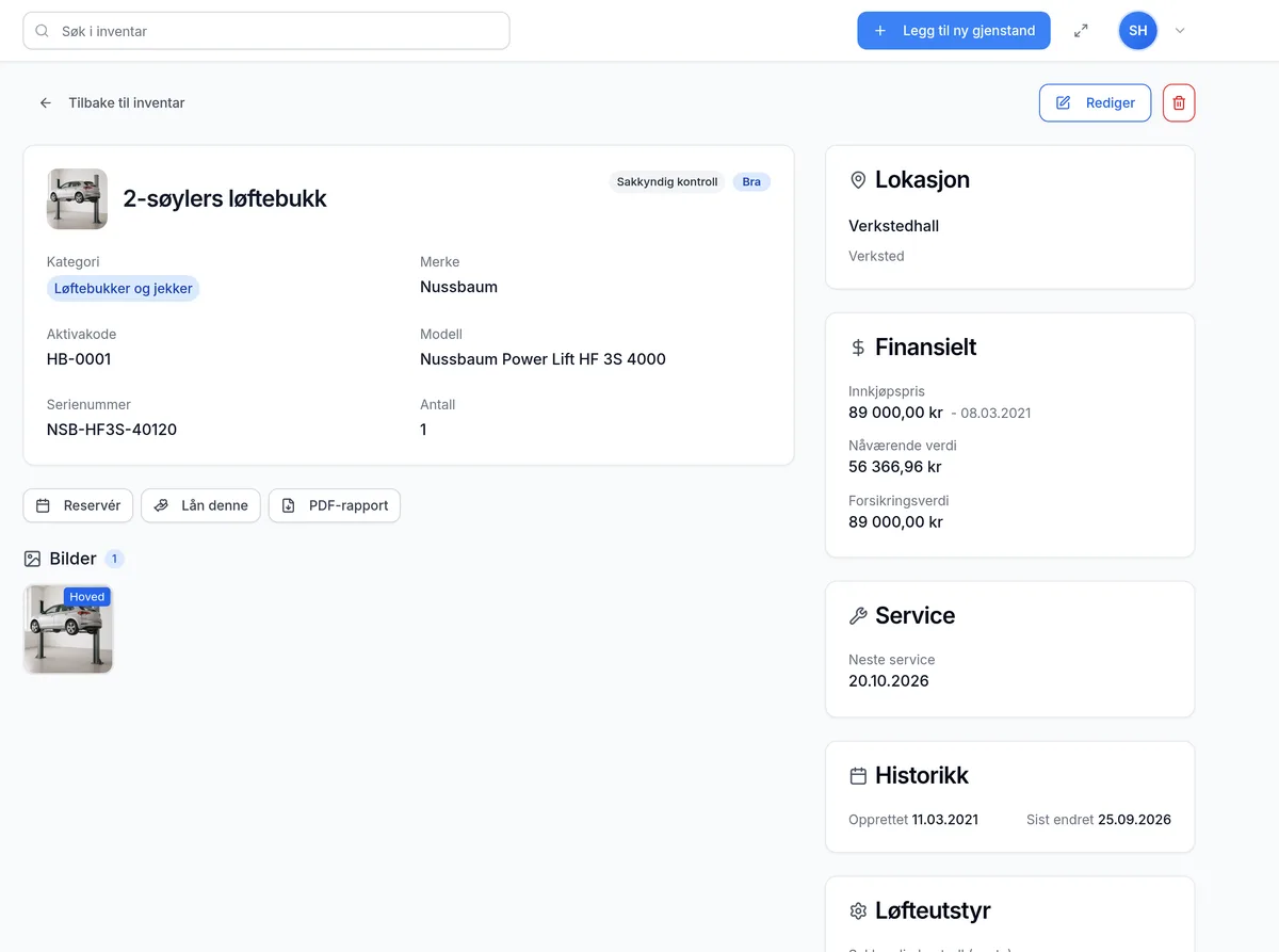 Detaljside for et inventarelement hos bilverksted med dekkhotell – verdi, service, garanti og egendefinerte felt