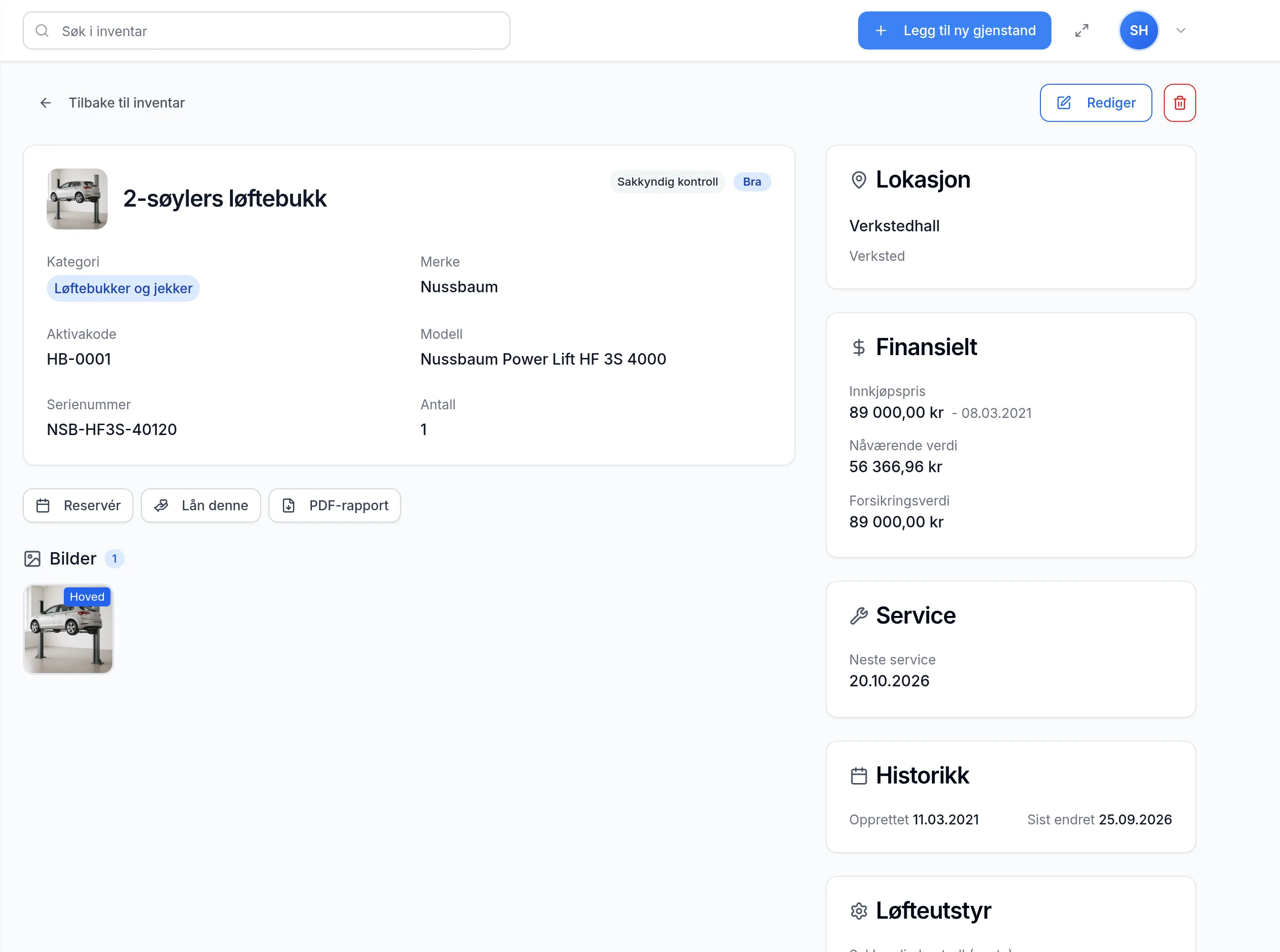 Detaljside for et inventarelement hos bilverksted med dekkhotell – verdi, service, garanti og egendefinerte felt