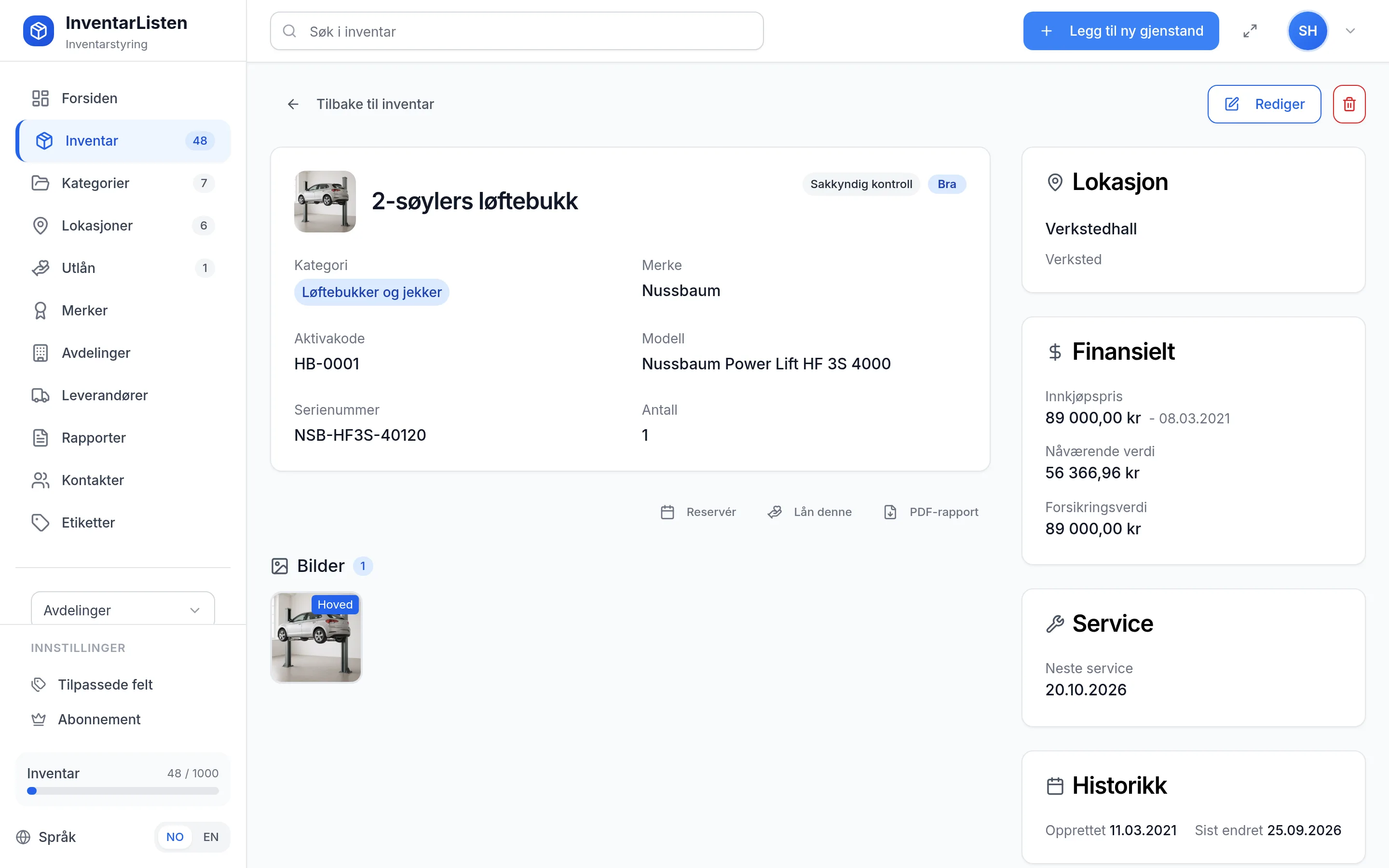 Detaljside for et inventarelement hos bilverksted med dekkhotell – verdi, service, garanti og egendefinerte felt