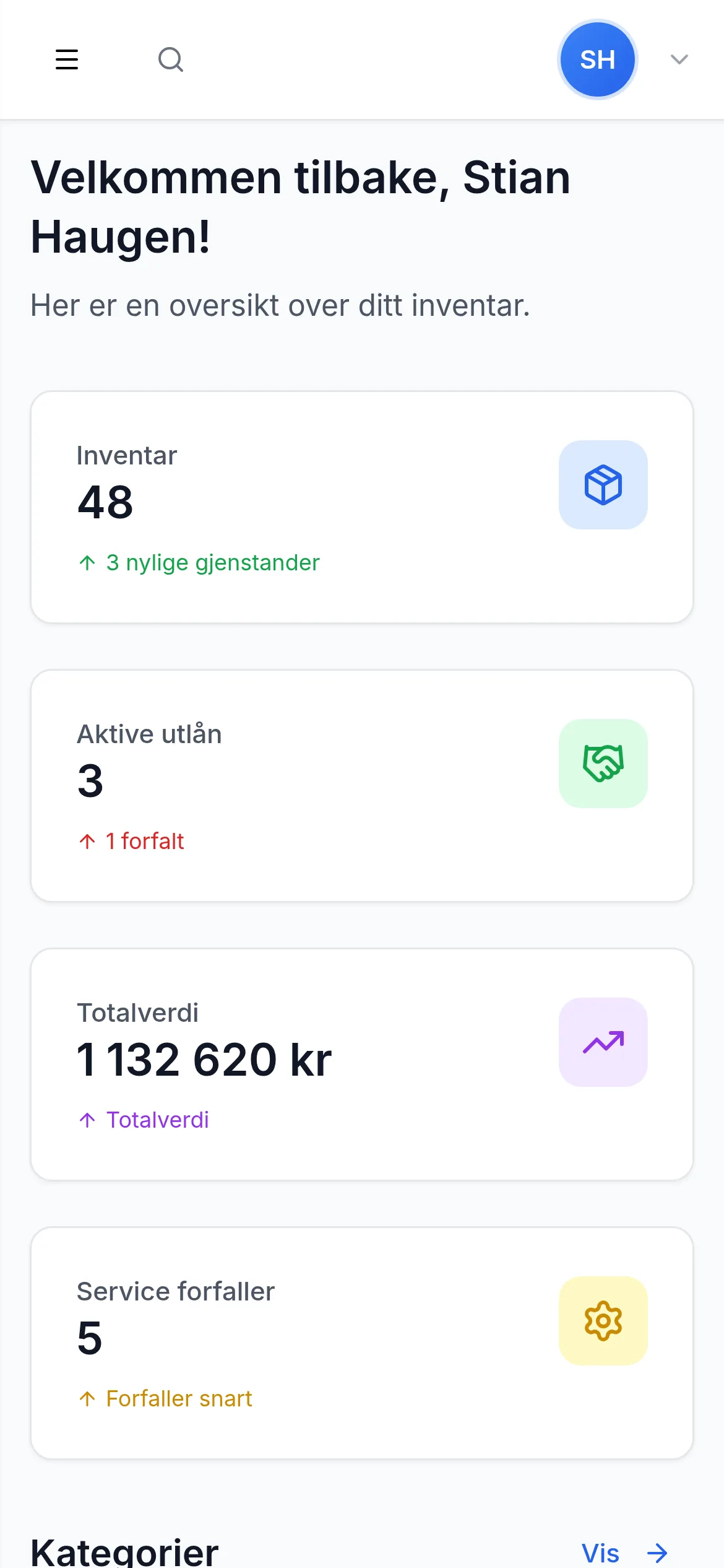 Dashbord for bilverksted med dekkhotell på mobil i InventarListen