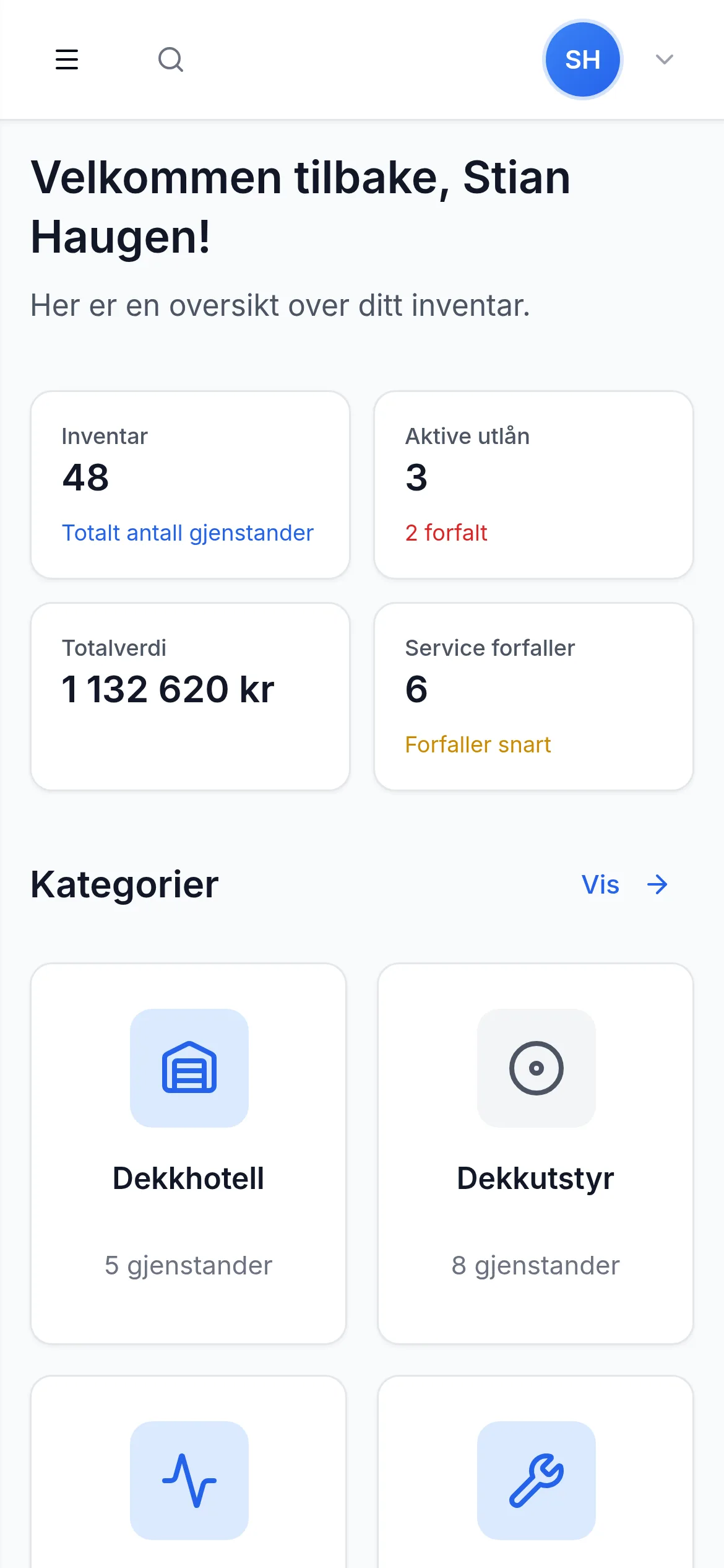Dashbord for bilverksted med dekkhotell på mobil i InventarListen