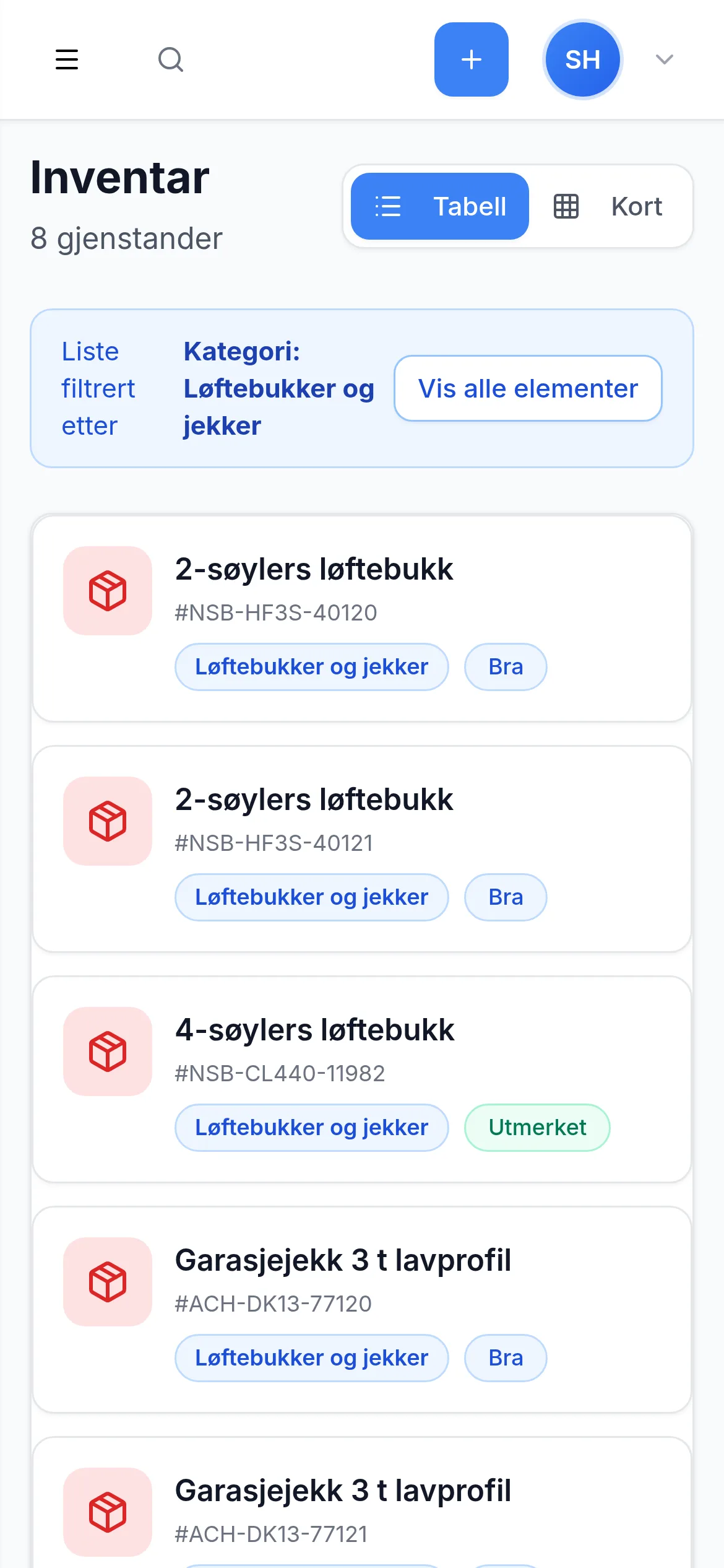 Inventarliste for bilverksted med dekkhotell på mobil i InventarListen