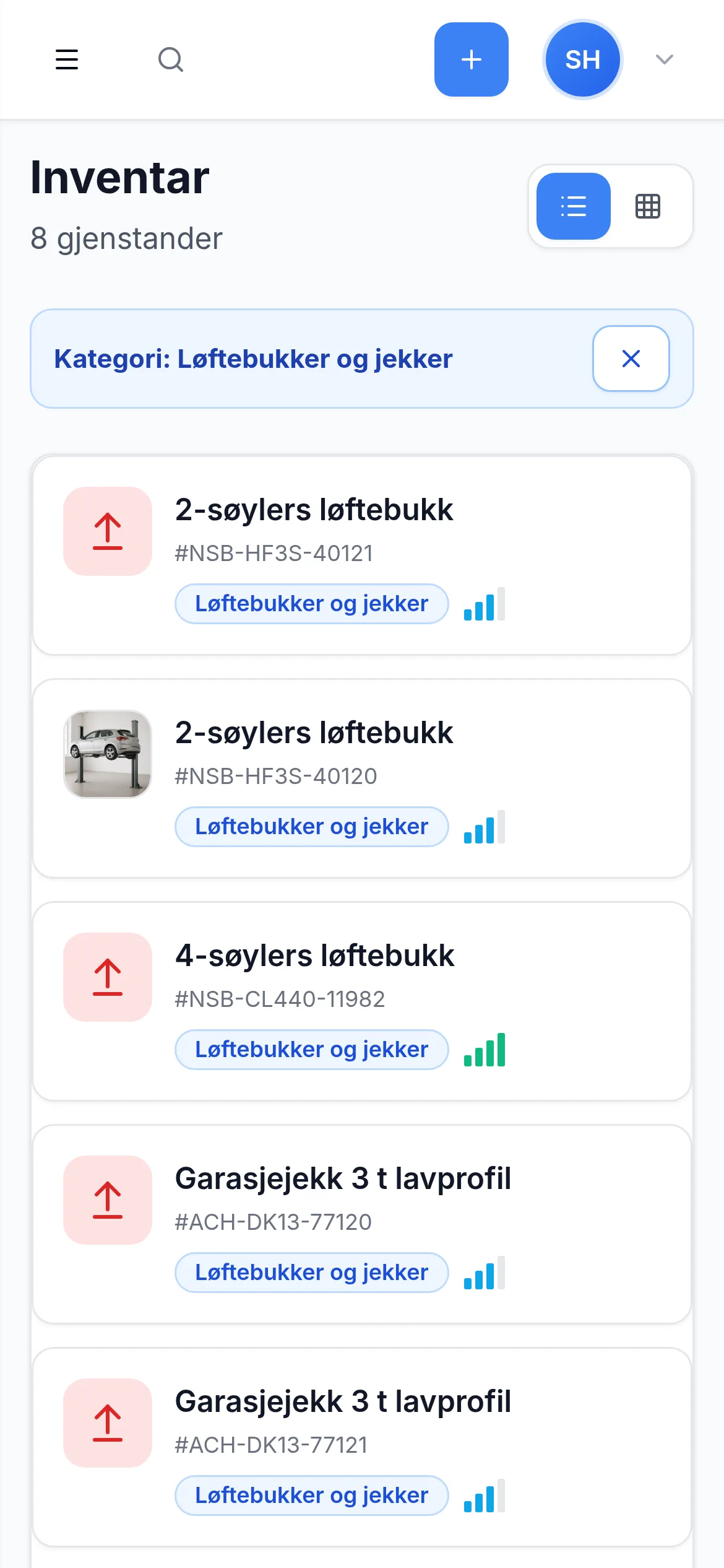 Inventarliste for bilverksted med dekkhotell på mobil i InventarListen