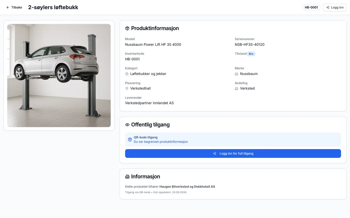 Offentlig QR-side for et inventarelement hos bilverksted med dekkhotell – skannes med mobilen