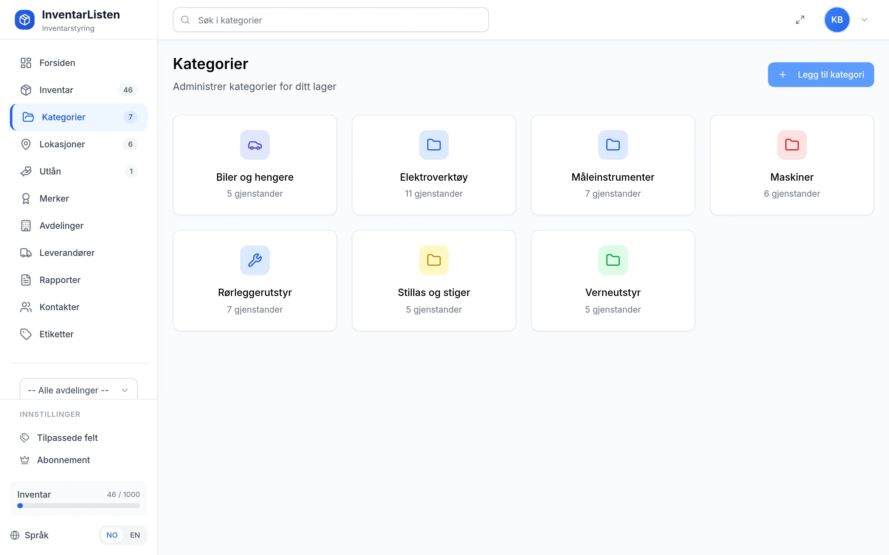 Kategorier for entreprenør i bygg og anlegg i InventarListen