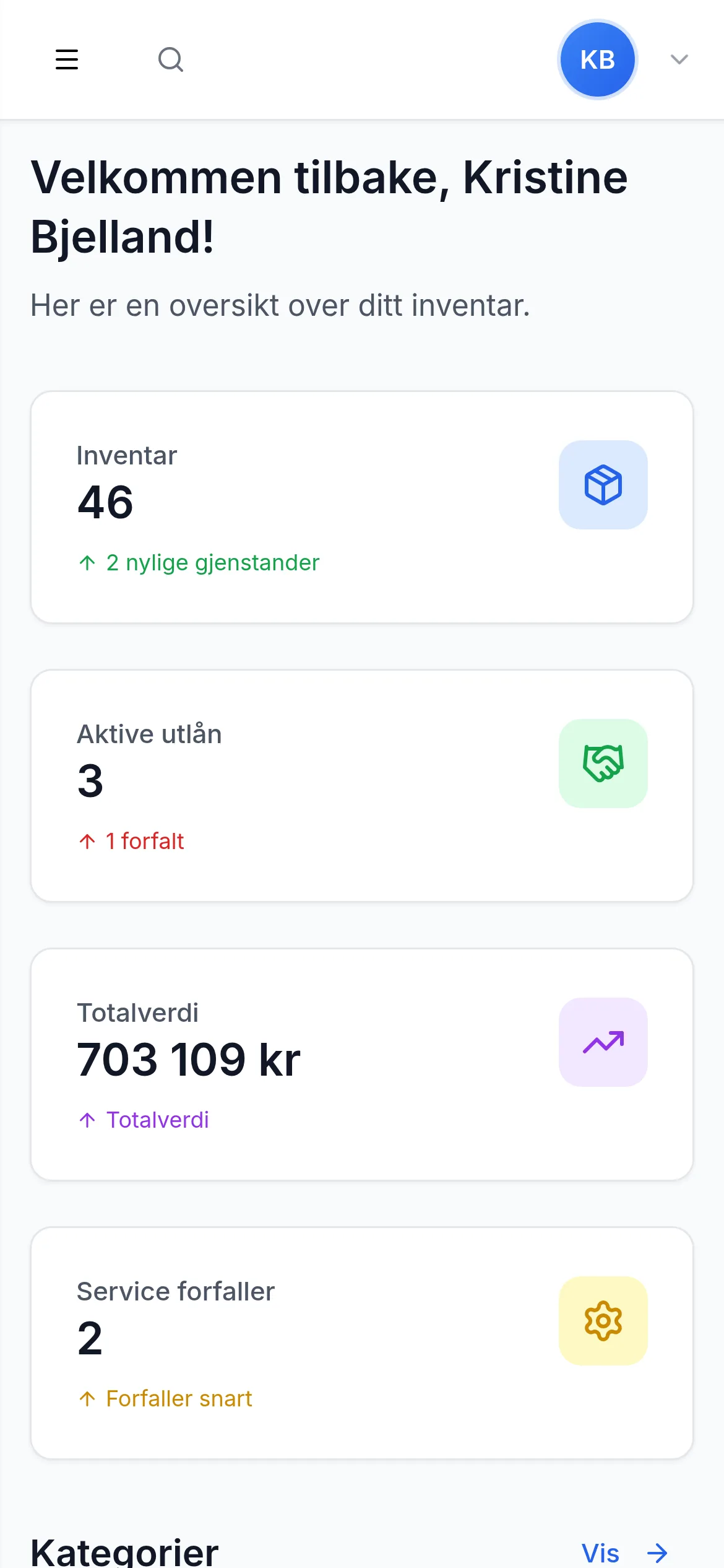 Dashbord for entreprenør i bygg og anlegg på mobil i InventarListen