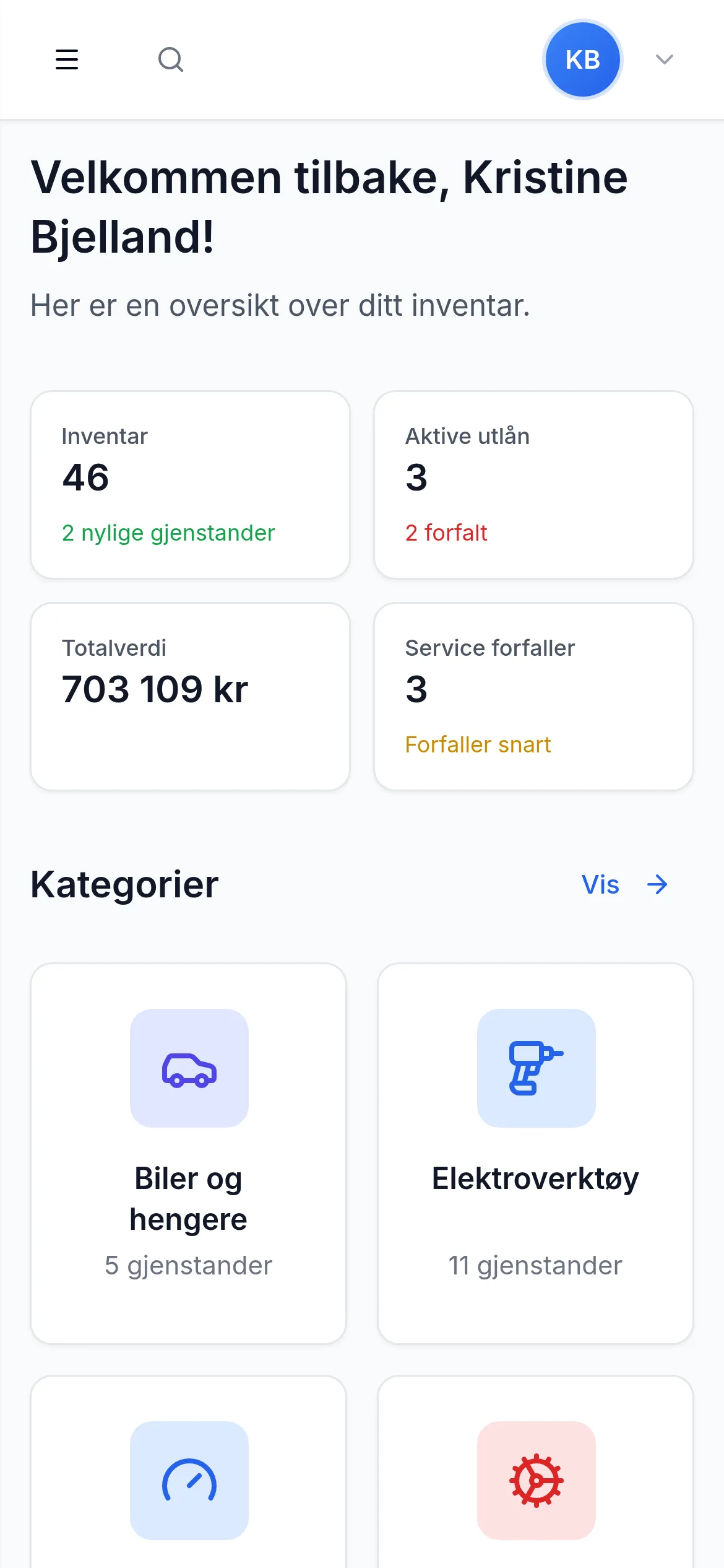 Dashbord for entreprenør i bygg og anlegg på mobil i InventarListen