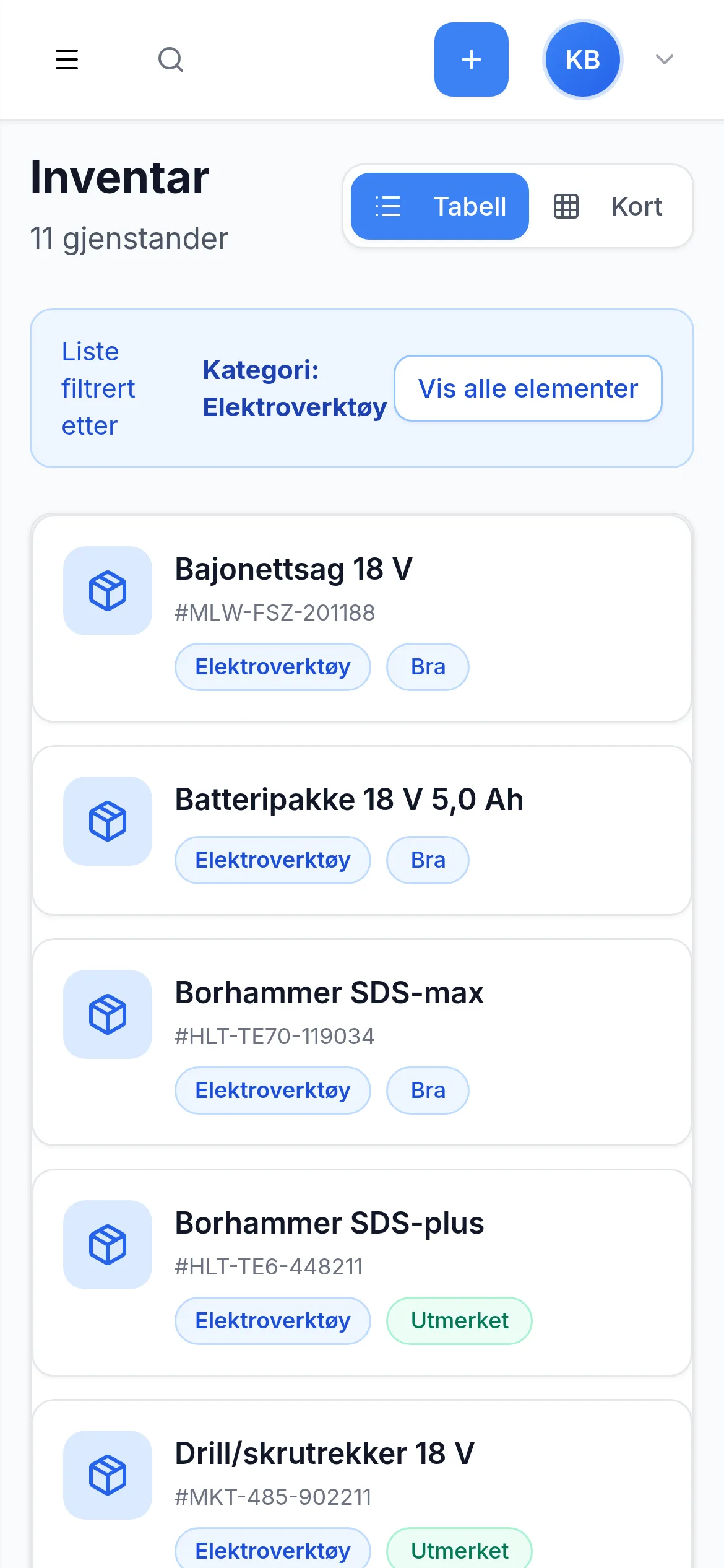 Inventarliste for entreprenør i bygg og anlegg på mobil i InventarListen