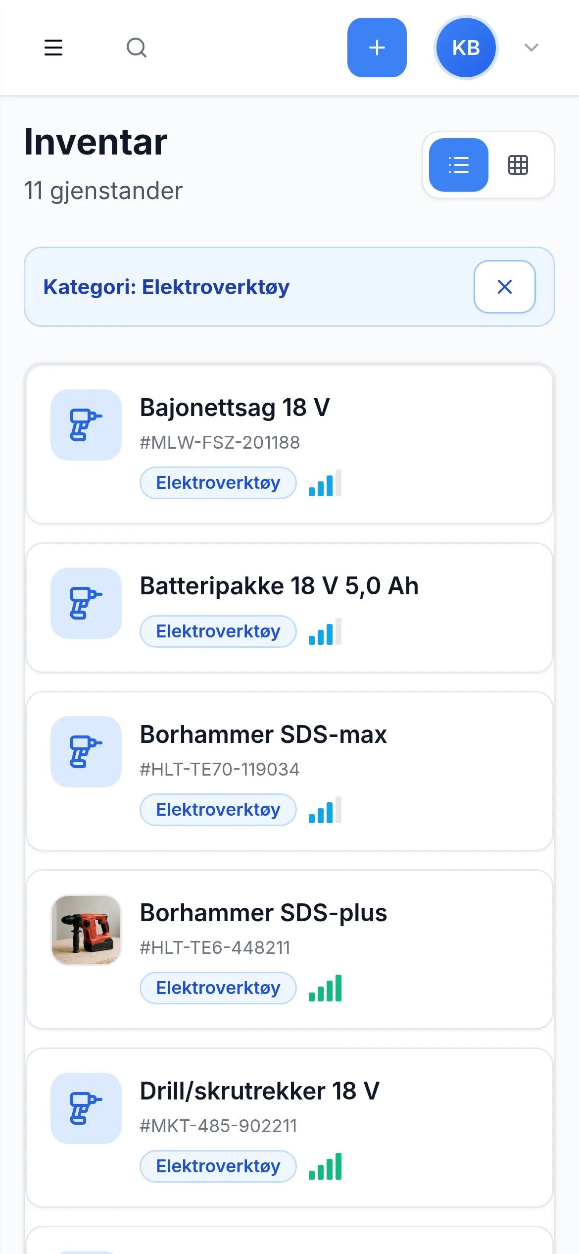 Inventarliste for entreprenør i bygg og anlegg på mobil i InventarListen