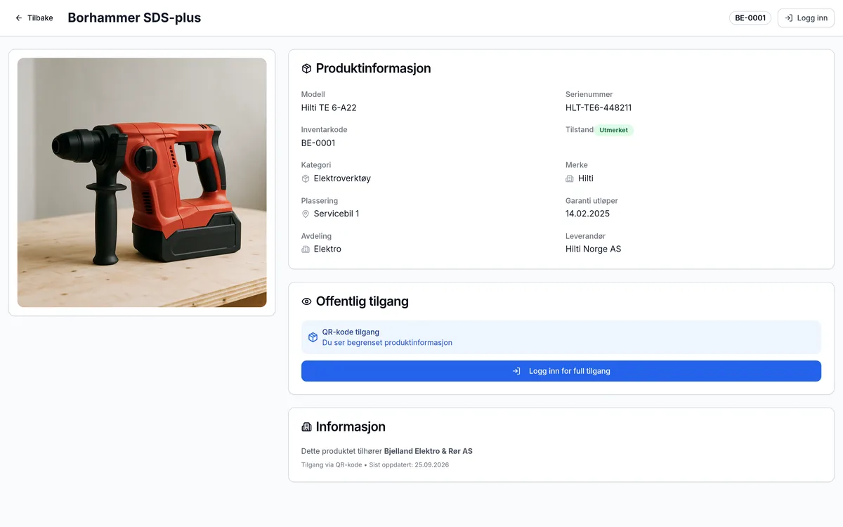 Offentlig QR-side for et inventarelement hos entreprenør i bygg og anlegg – skannes med mobilen