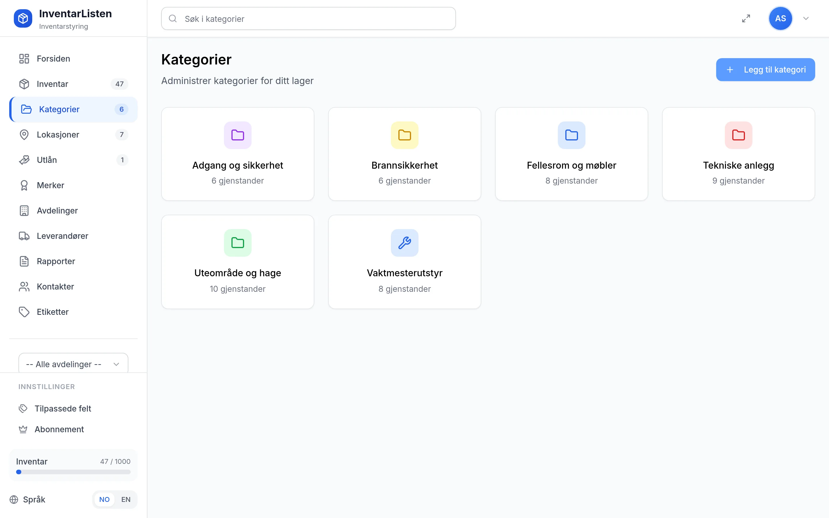 Kategorier for sameie og borettslag i InventarListen