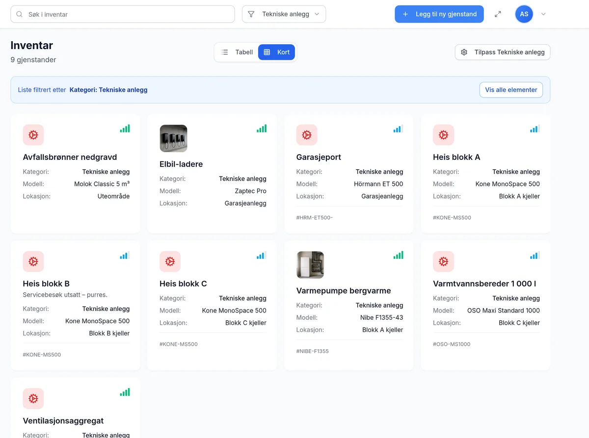 Inventar for sameie og borettslag i kortvisning med bilder i InventarListen