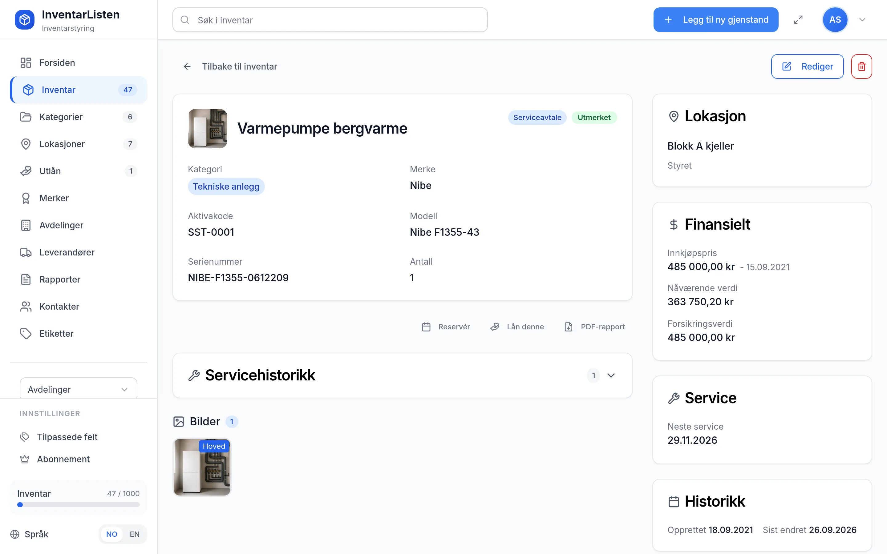 Detaljside for et inventarelement hos sameie og borettslag – verdi, service, garanti og egendefinerte felt