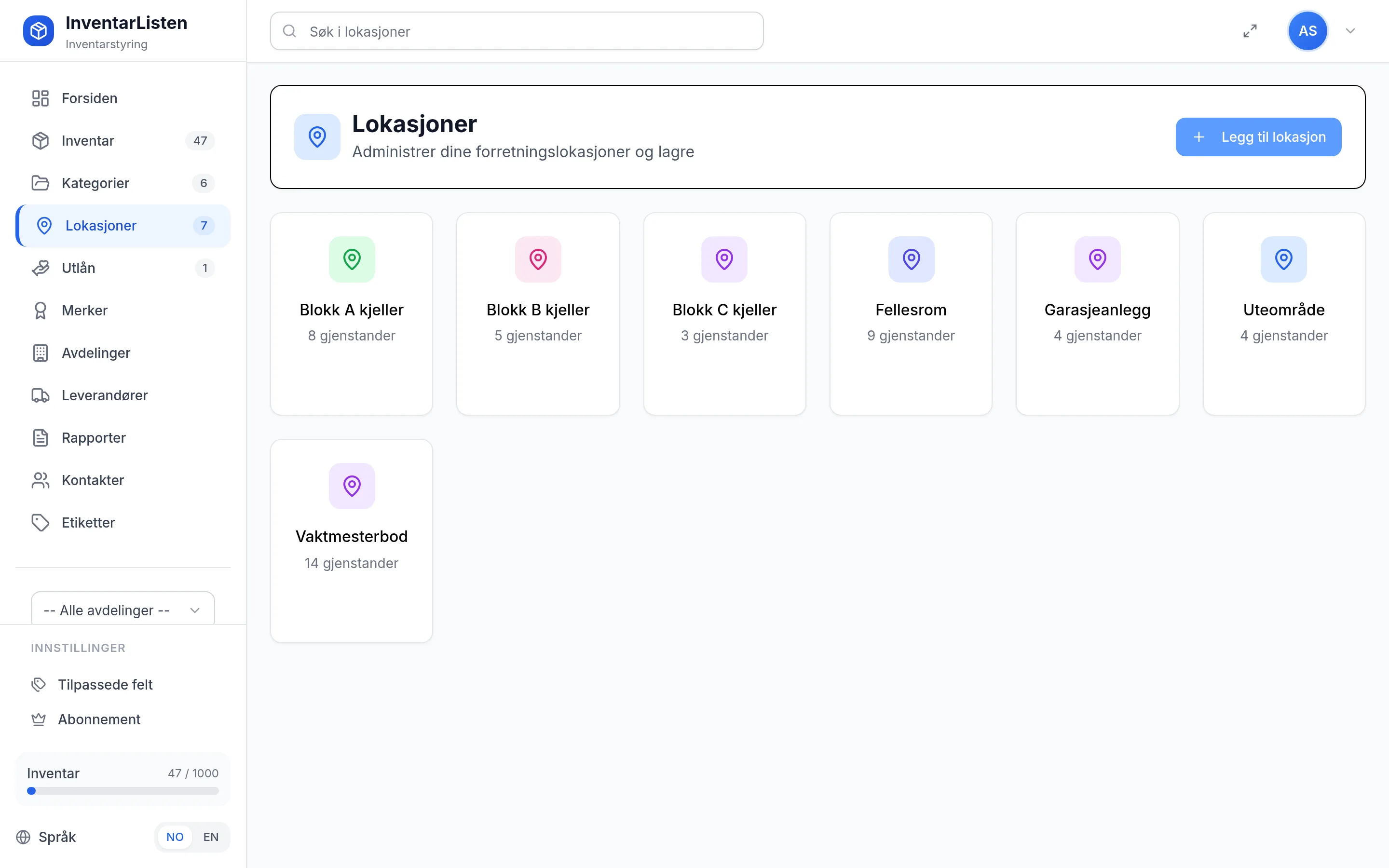 Plasseringer for sameie og borettslag i InventarListen – hvor utstyret befinner seg