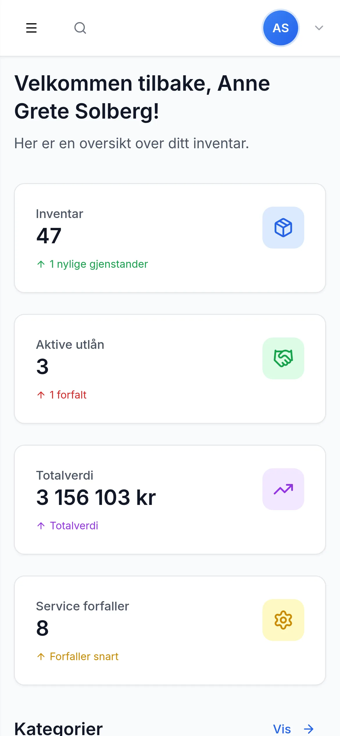 Dashbord for sameie og borettslag på mobil i InventarListen