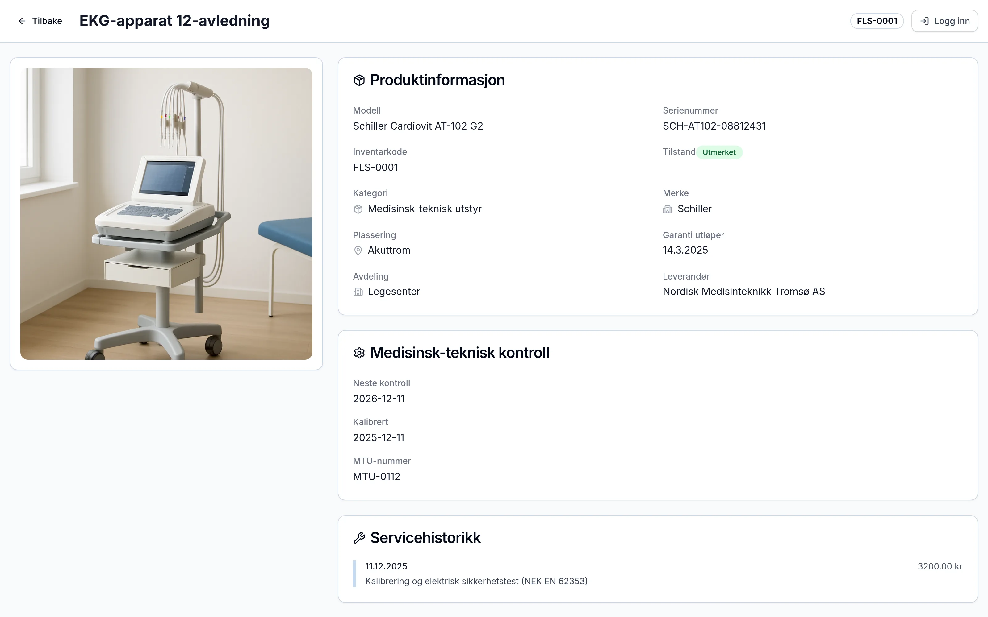 Offentlig QR-side for et inventarelement hos helse-og-omsorg – skannes med mobilen
