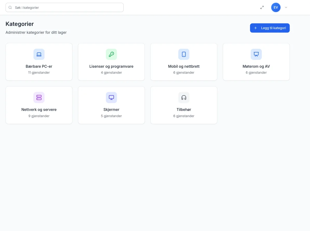 Kategorier for IT-avdeling i InventarListen