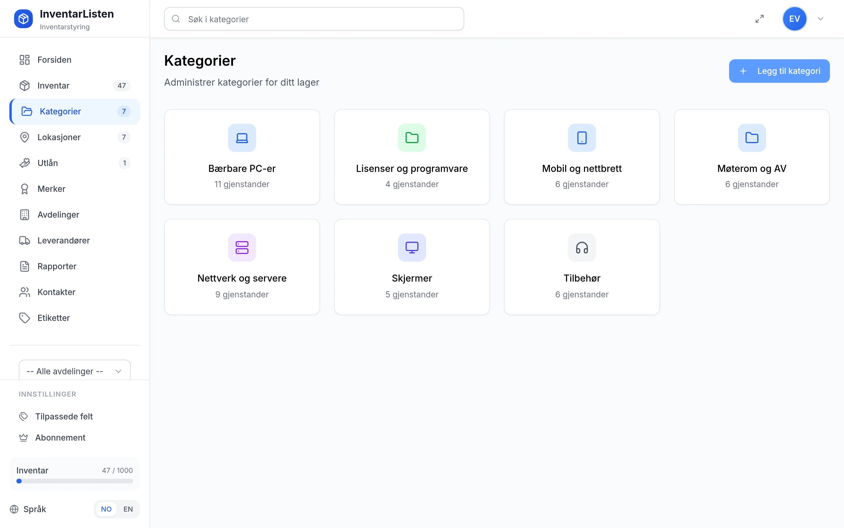 Kategorier for IT-avdeling i InventarListen