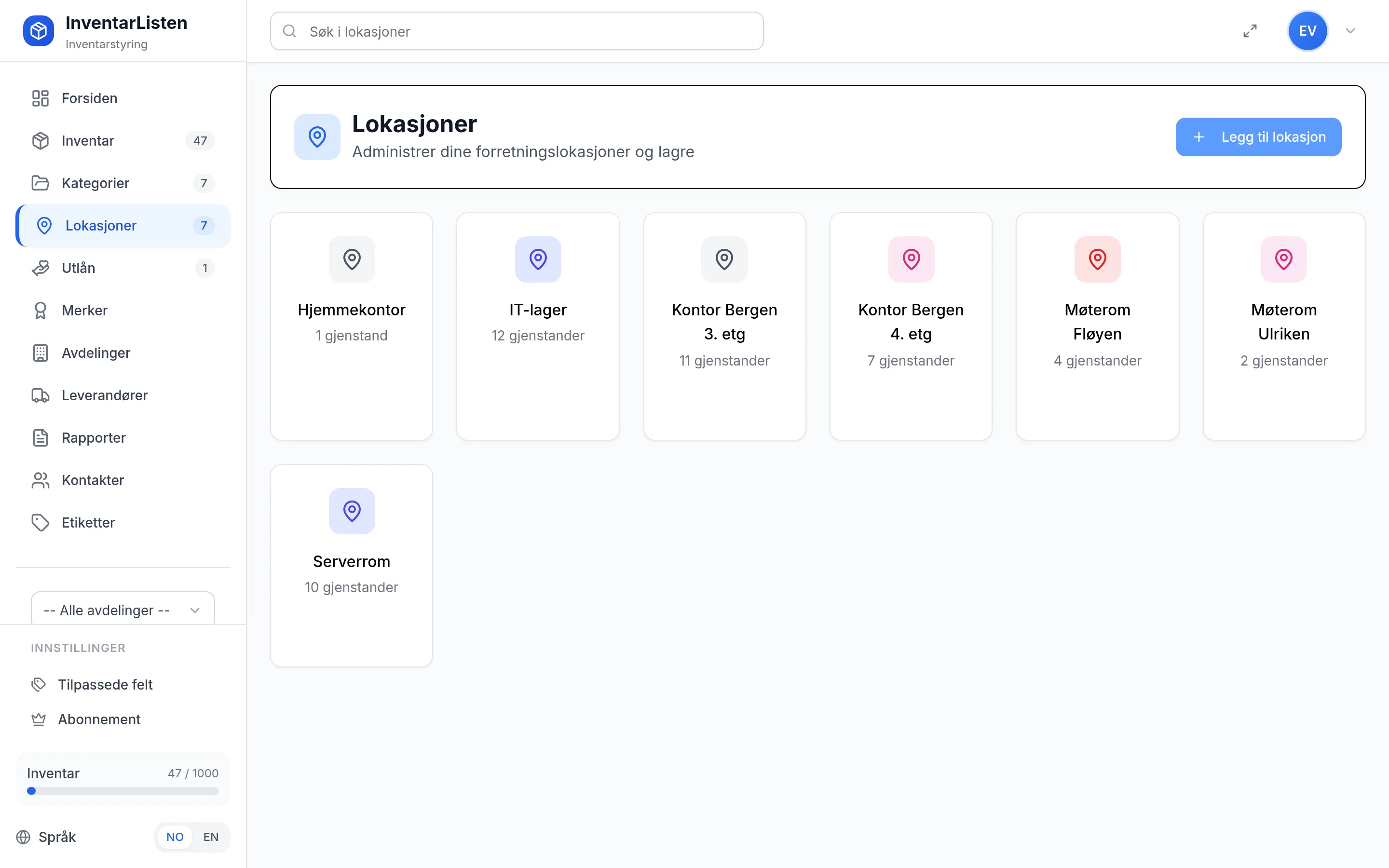 Plasseringer for IT-avdeling i InventarListen – hvor utstyret befinner seg