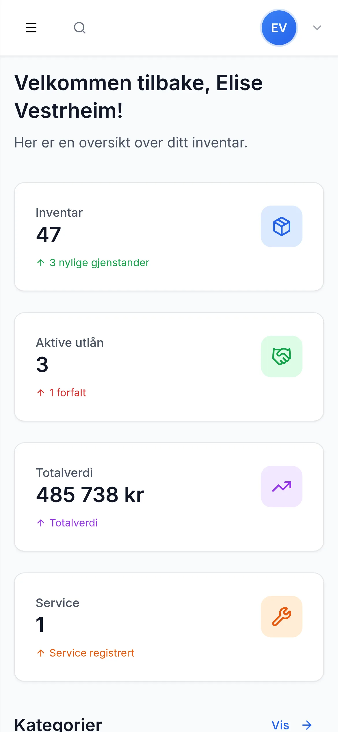 Dashbord for IT-avdeling på mobil i InventarListen