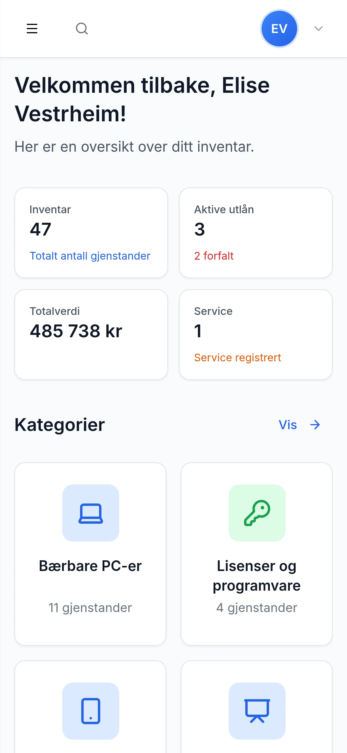 Dashbord for IT-avdeling på mobil i InventarListen