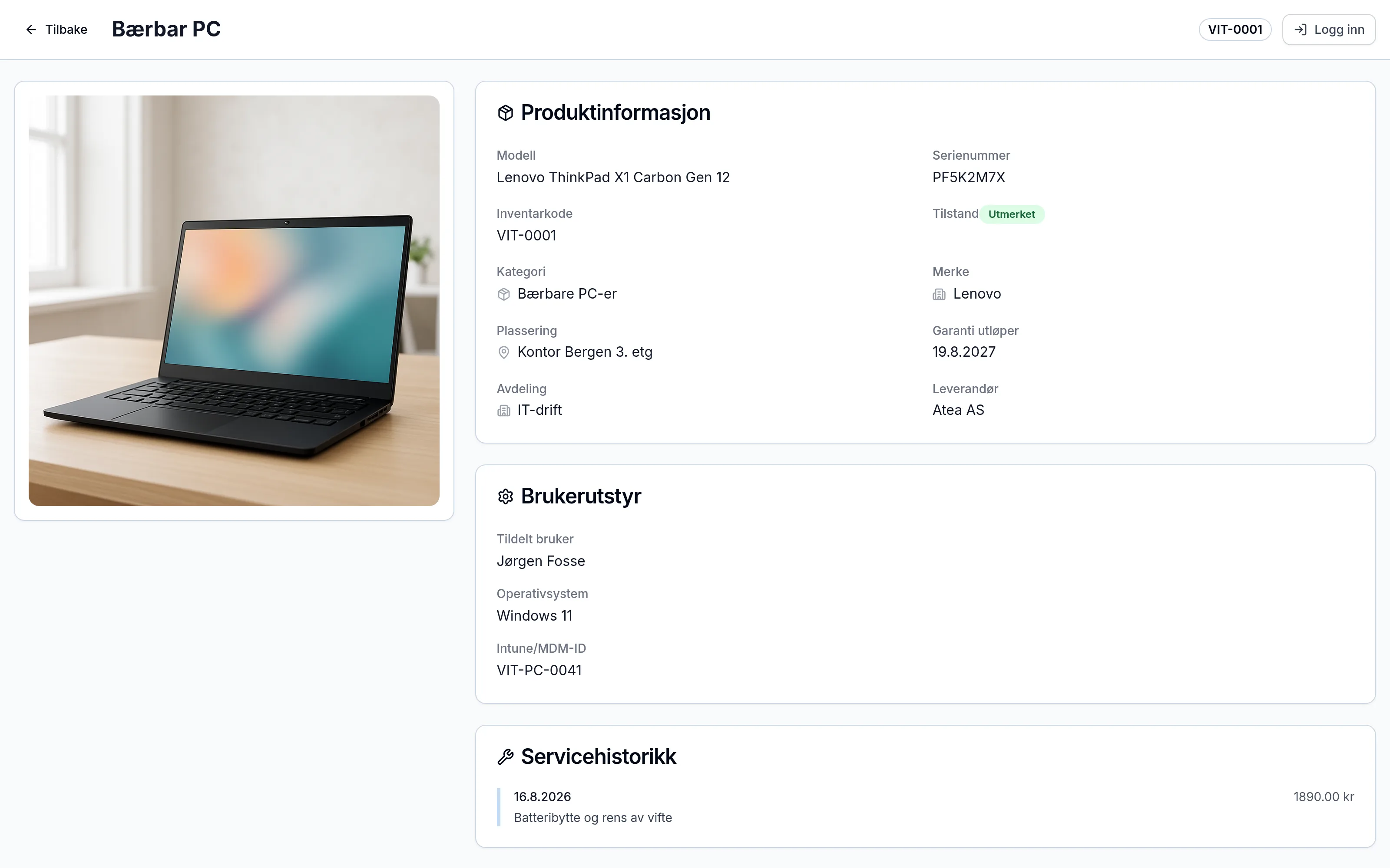 Offentlig QR-side for et inventarelement hos IT-avdeling – skannes med mobilen