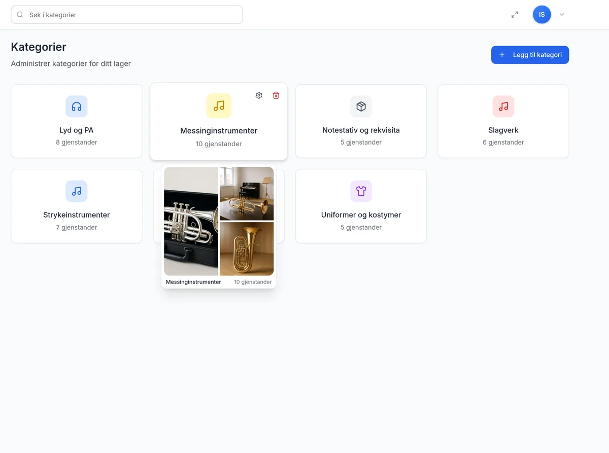 Bildekollasj fra en kategori ved mouseover i kategorioversikten for kulturskole og musikkorps
