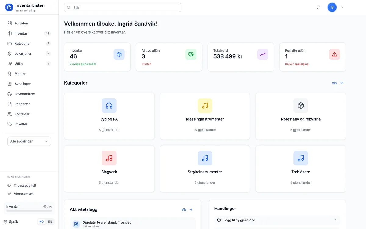 Dashboard for kulturskole og musikkorps i InventarListen – oversikt over utstyr, utlån og service