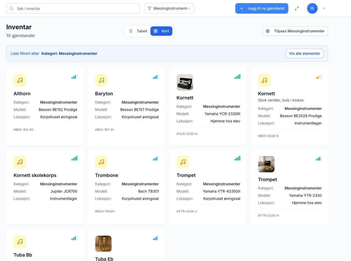 Inventar for kulturskole og musikkorps i kortvisning med bilder i InventarListen