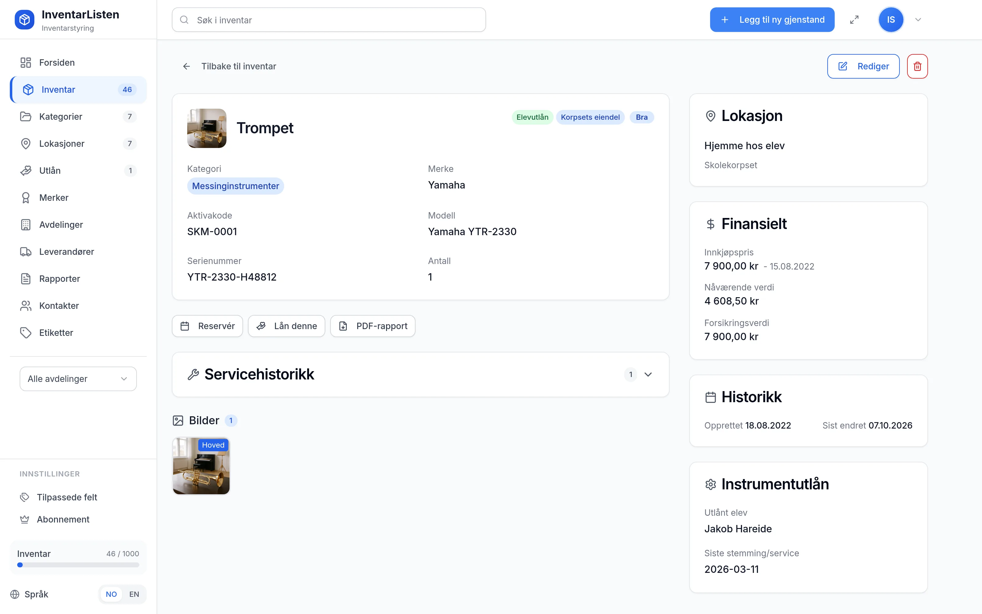 Detaljside for et inventarelement hos kultur-og-fritid – verdi, service, garanti og egendefinerte felt