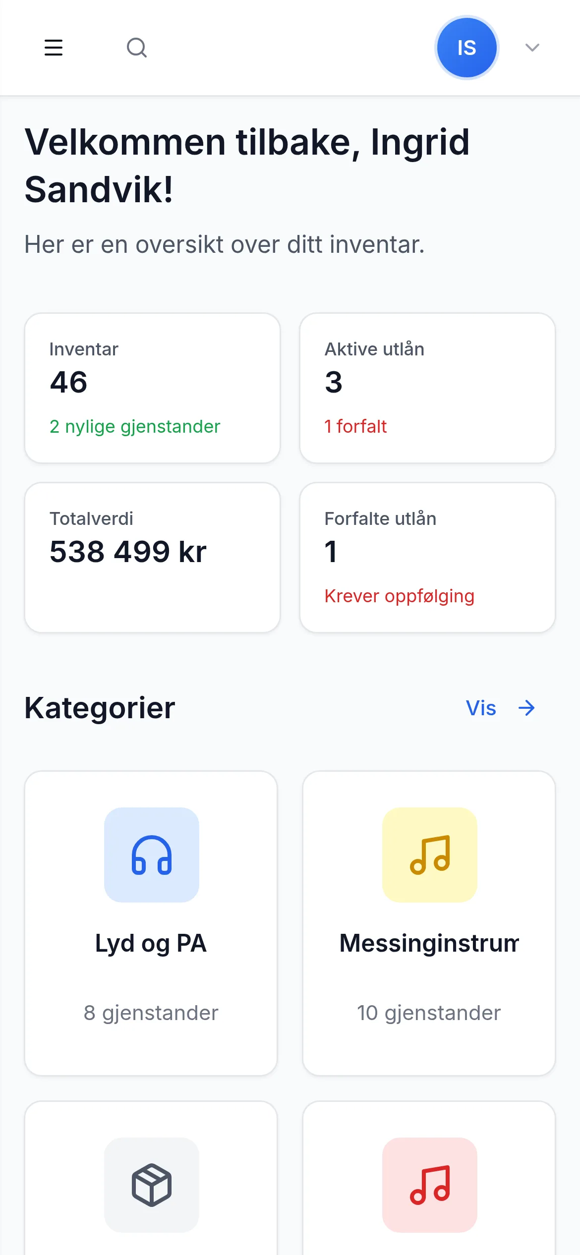 Dashbord for kultur-og-fritid på mobil i InventarListen