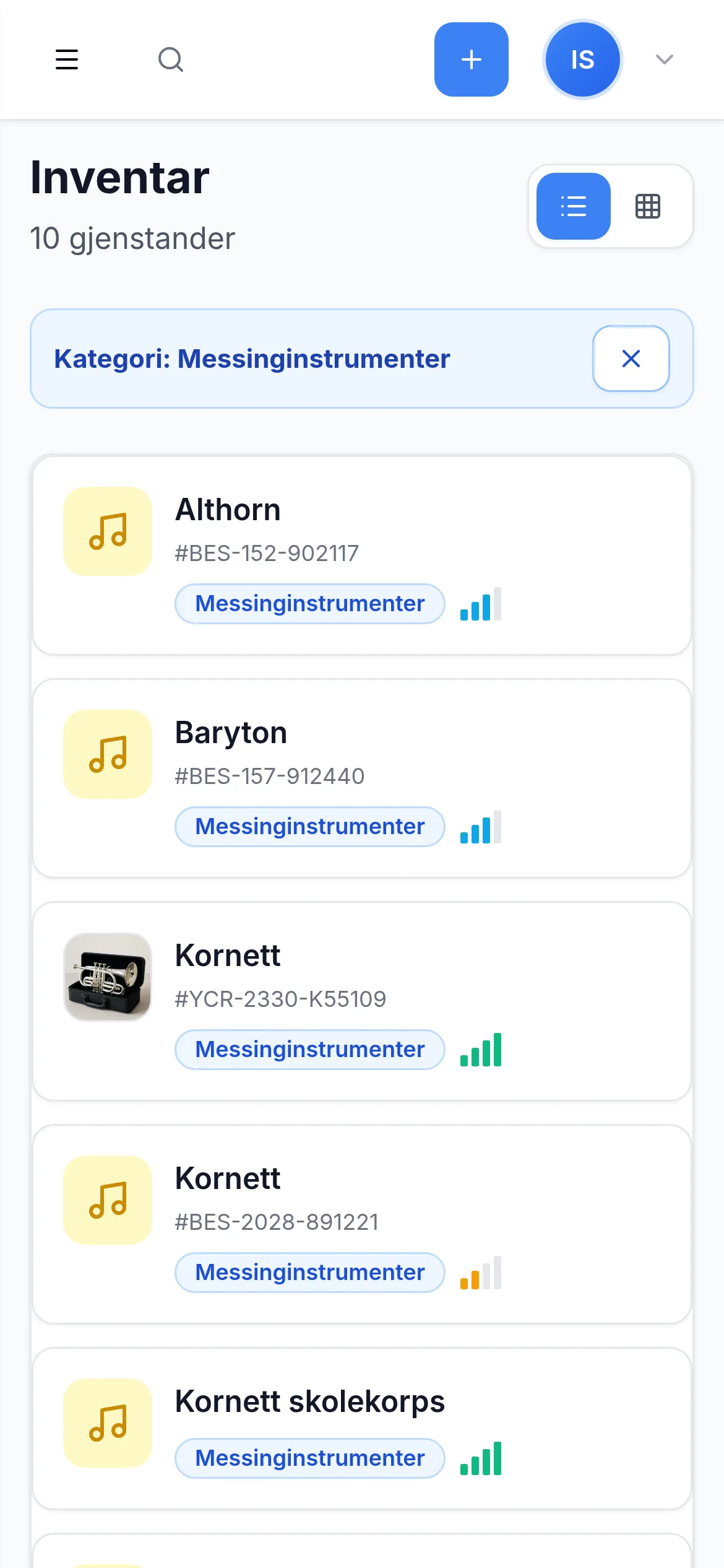 Inventarliste for kulturskole og musikkorps på mobil i InventarListen
