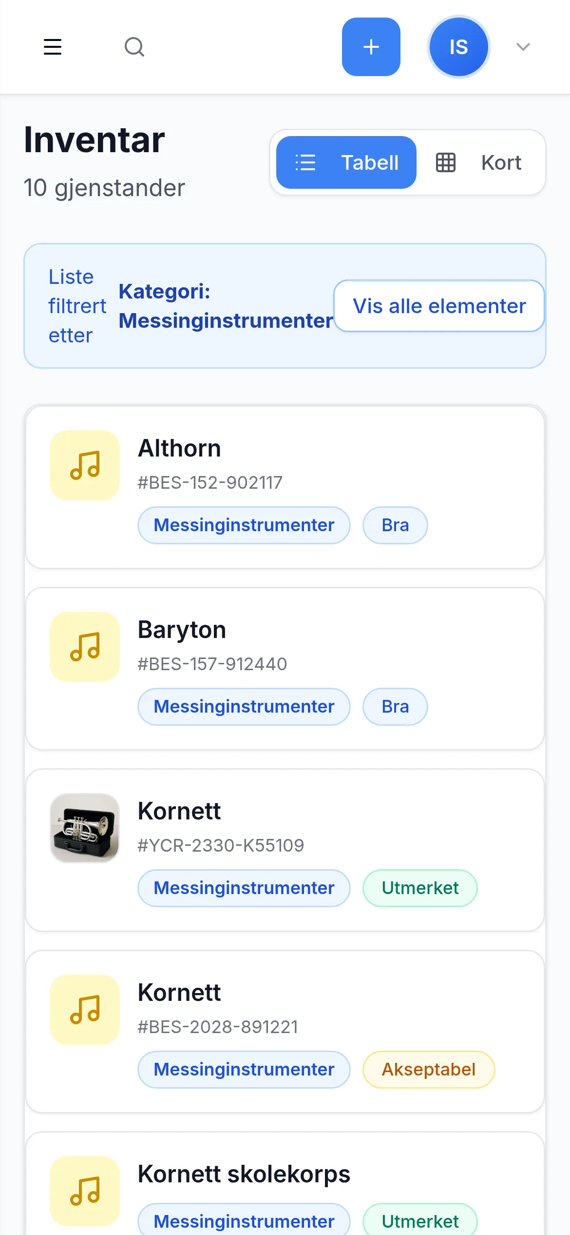 Inventarliste for kultur-og-fritid på mobil i InventarListen