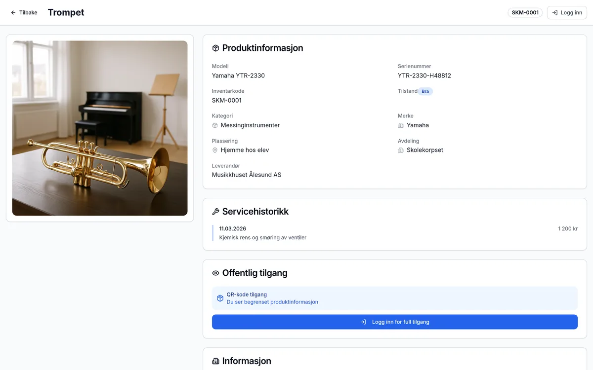 Offentlig QR-side for et inventarelement hos kulturskole og musikkorps – skannes med mobilen