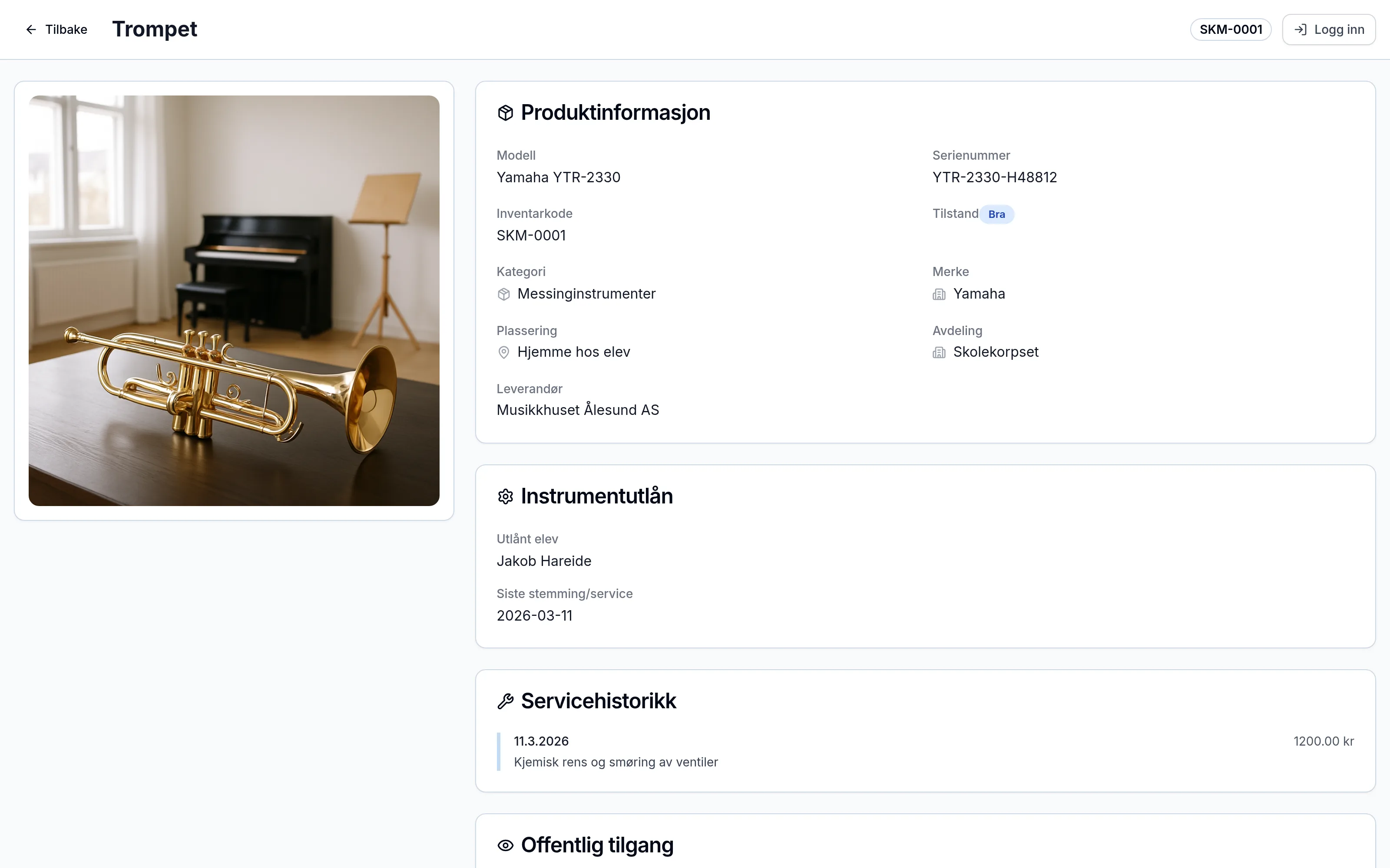 Offentlig QR-side for et inventarelement hos kultur-og-fritid – skannes med mobilen