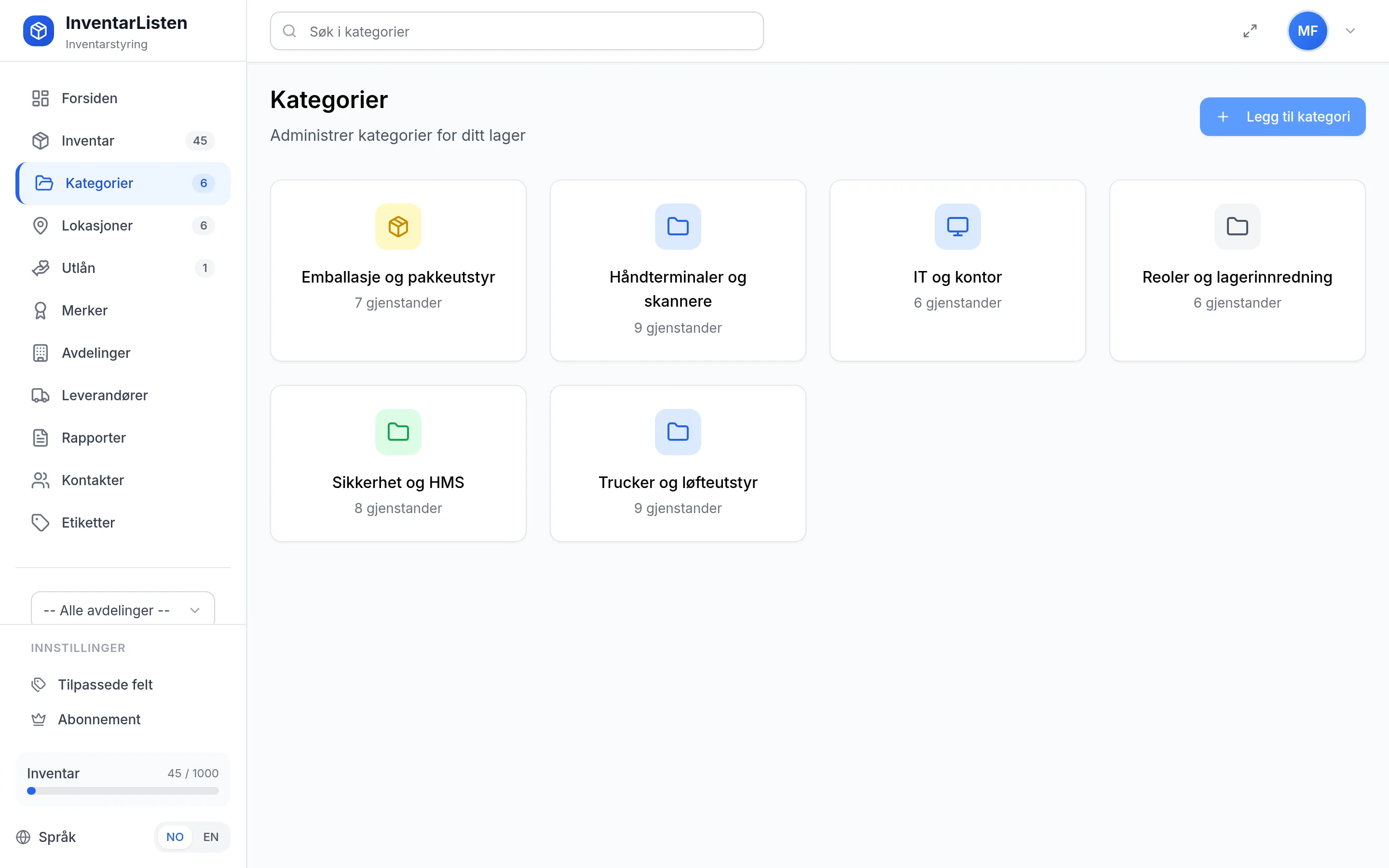 Kategorier for lager- og logistikkbedrift i InventarListen