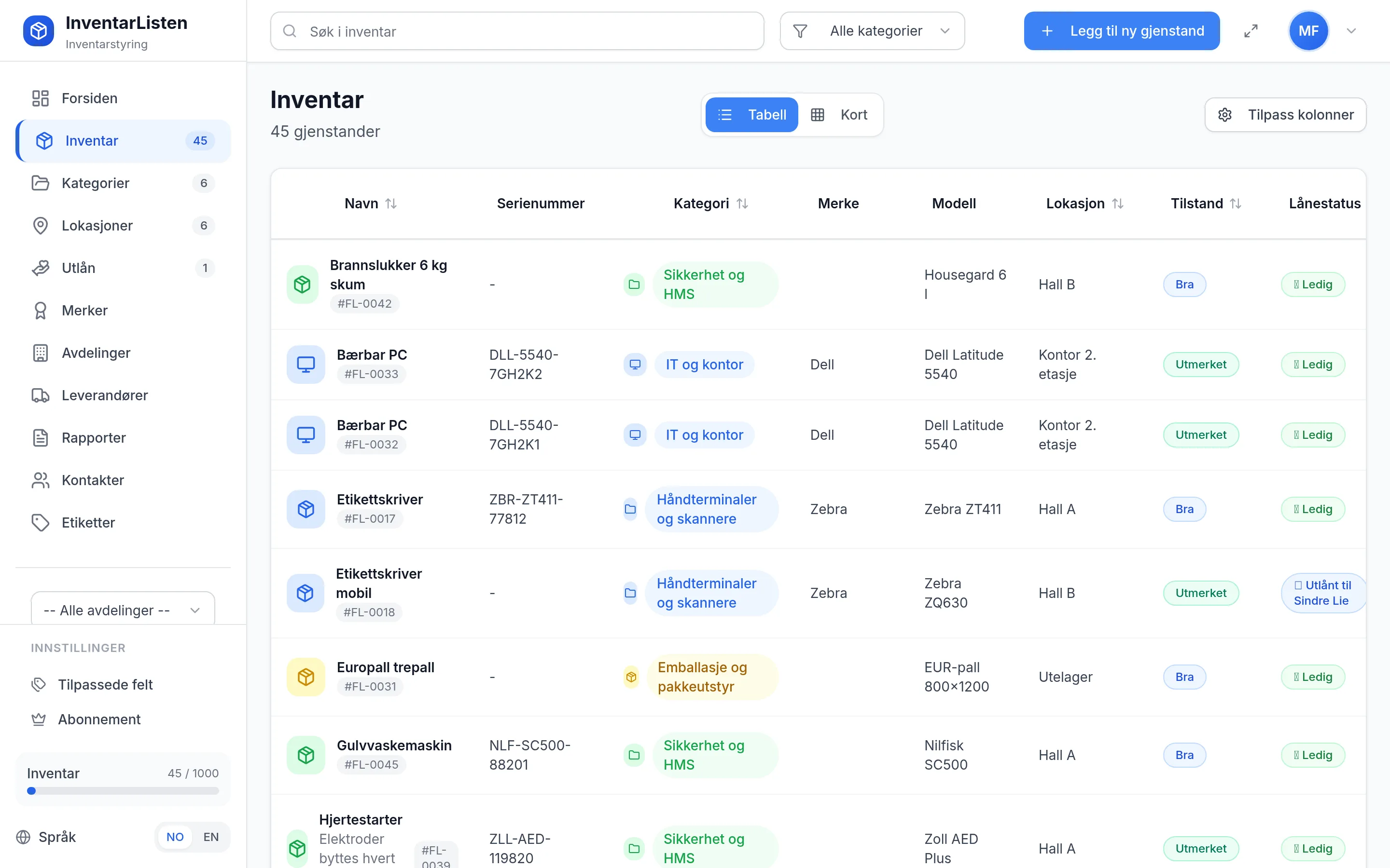 Inventarliste for lager- og logistikkbedrift i InventarListen – tabellvisning med kategori, plassering og tilstand