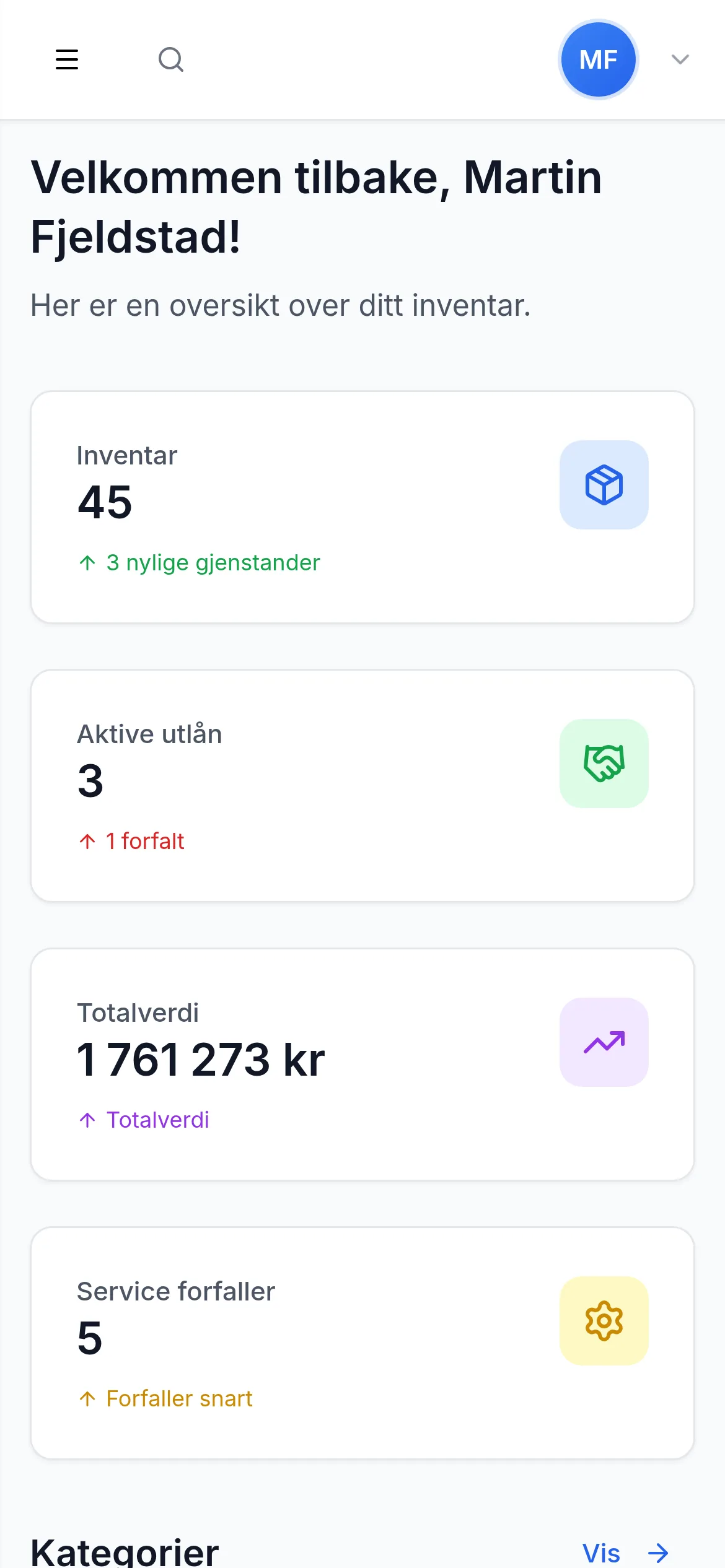Dashbord for lager- og logistikkbedrift på mobil i InventarListen