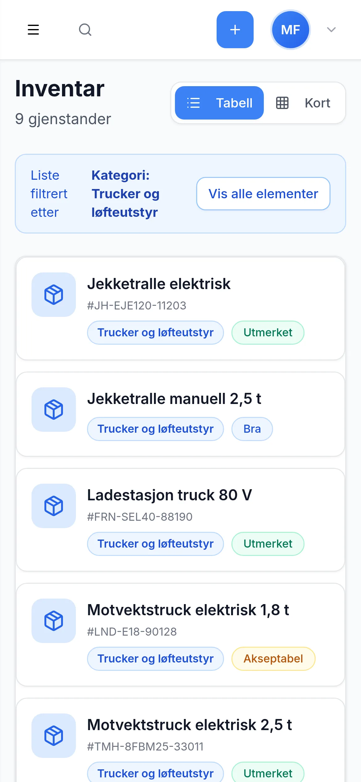 Inventarliste for lager- og logistikkbedrift på mobil i InventarListen