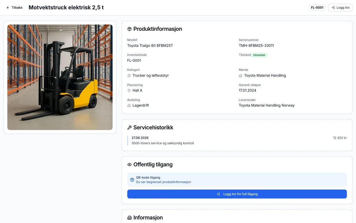 Offentlig QR-side for et inventarelement hos lager- og logistikkbedrift – skannes med mobilen