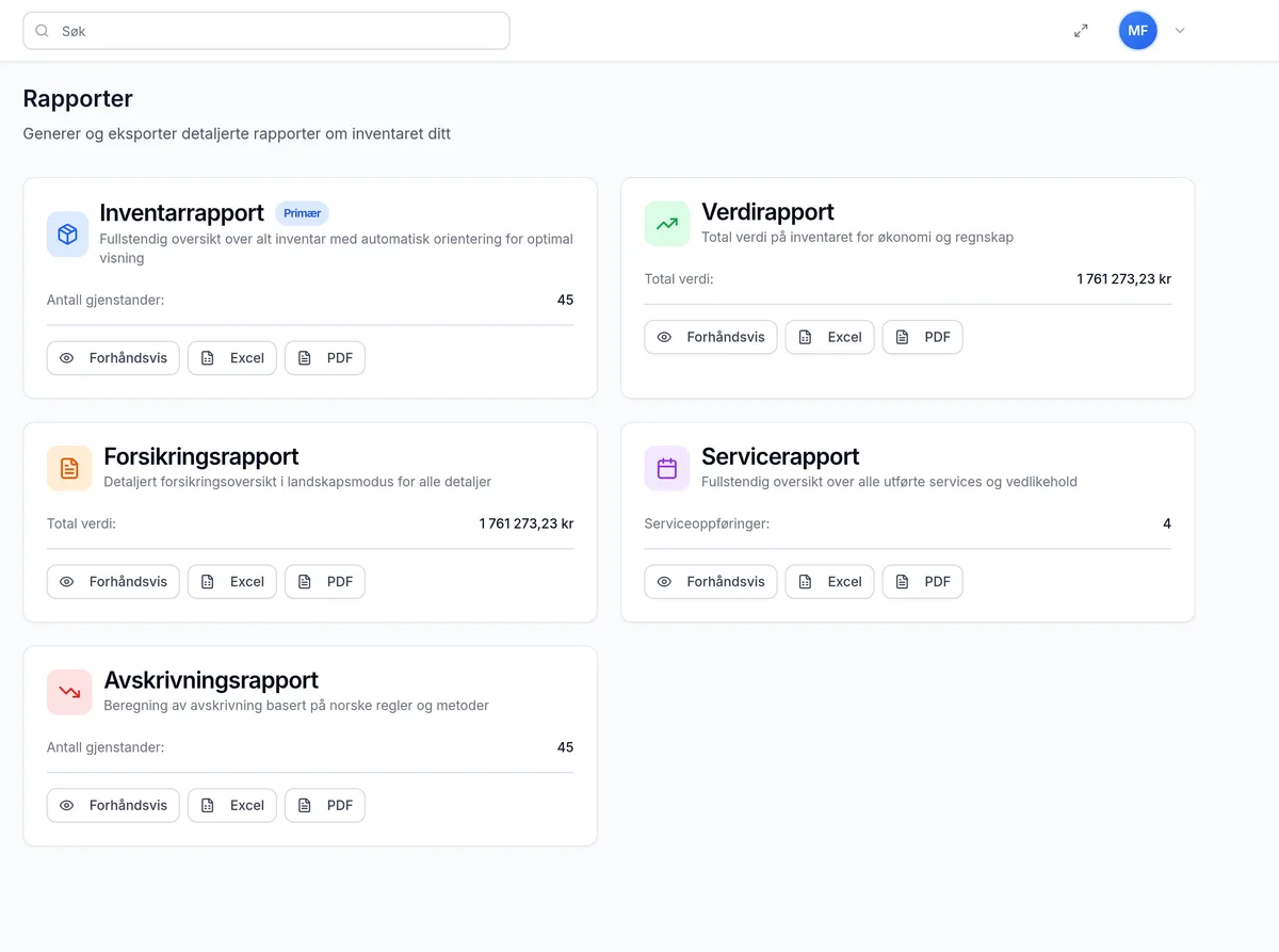 Rapporter for lager- og logistikkbedrift i InventarListen – verdier, avskrivning og fordeling per kategori