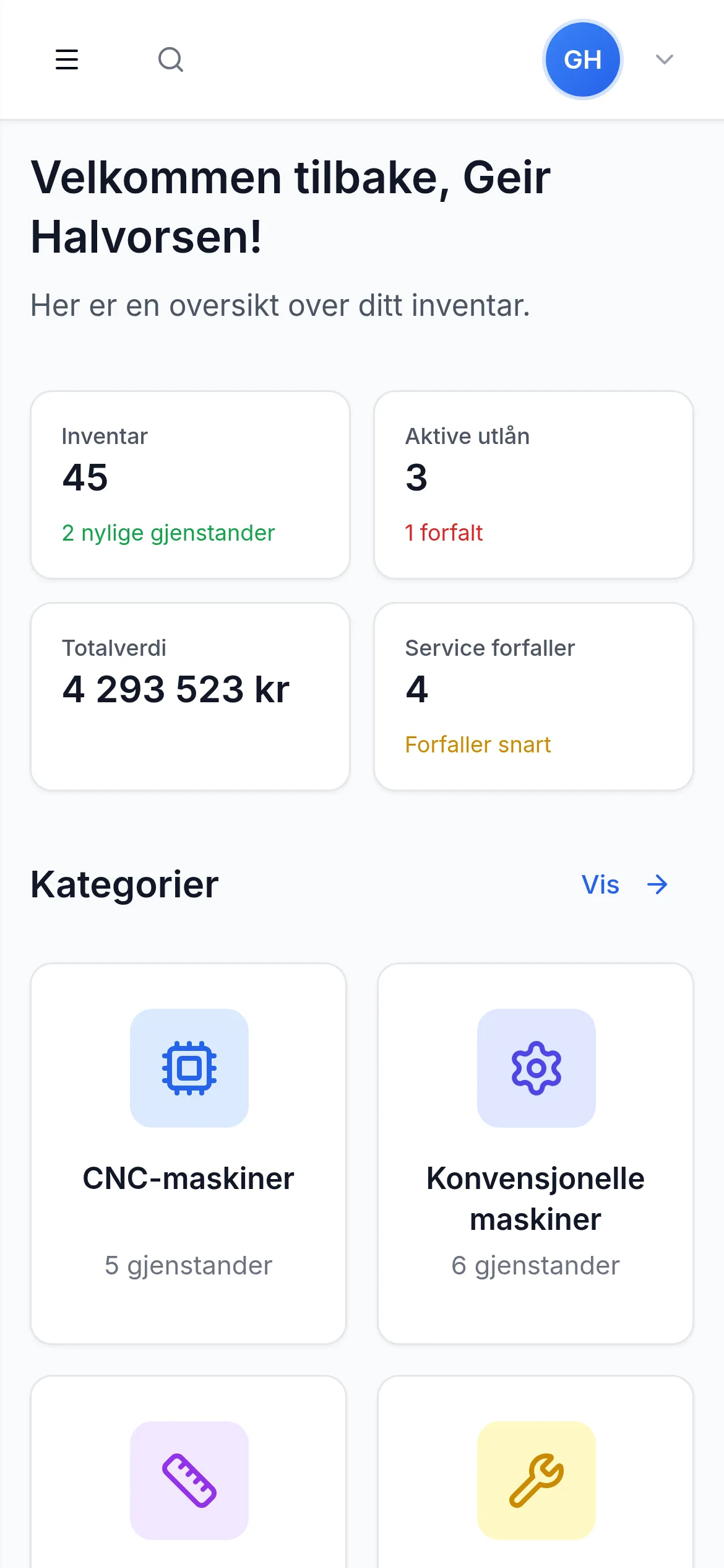 Dashbord for produksjon-og-industri på mobil i InventarListen
