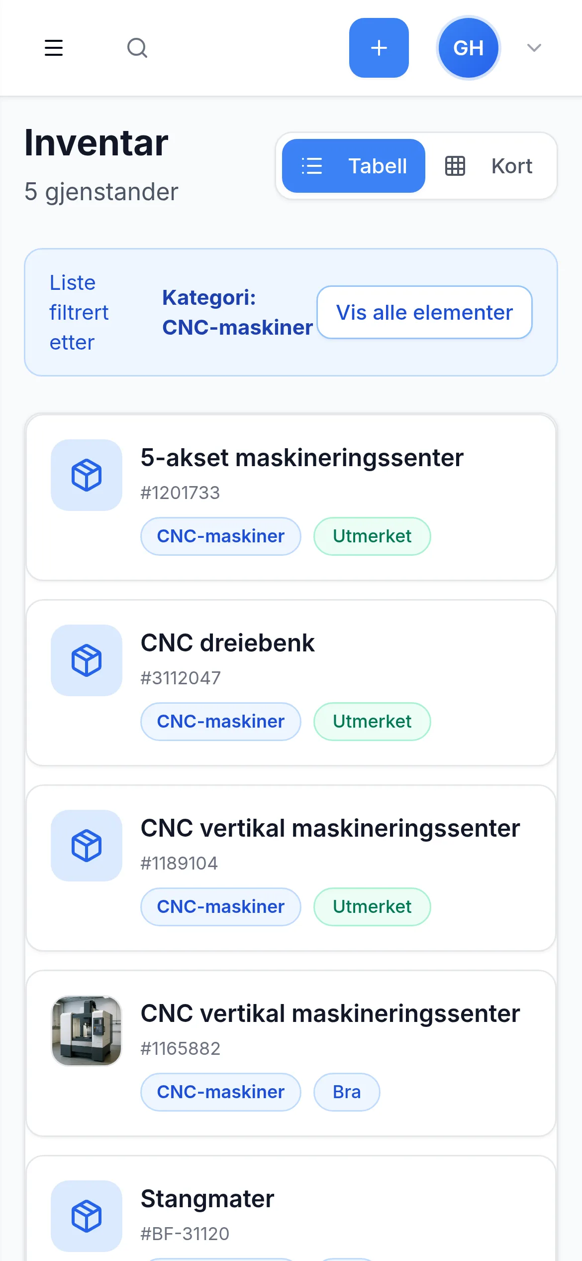 Inventarliste for produksjon-og-industri på mobil i InventarListen