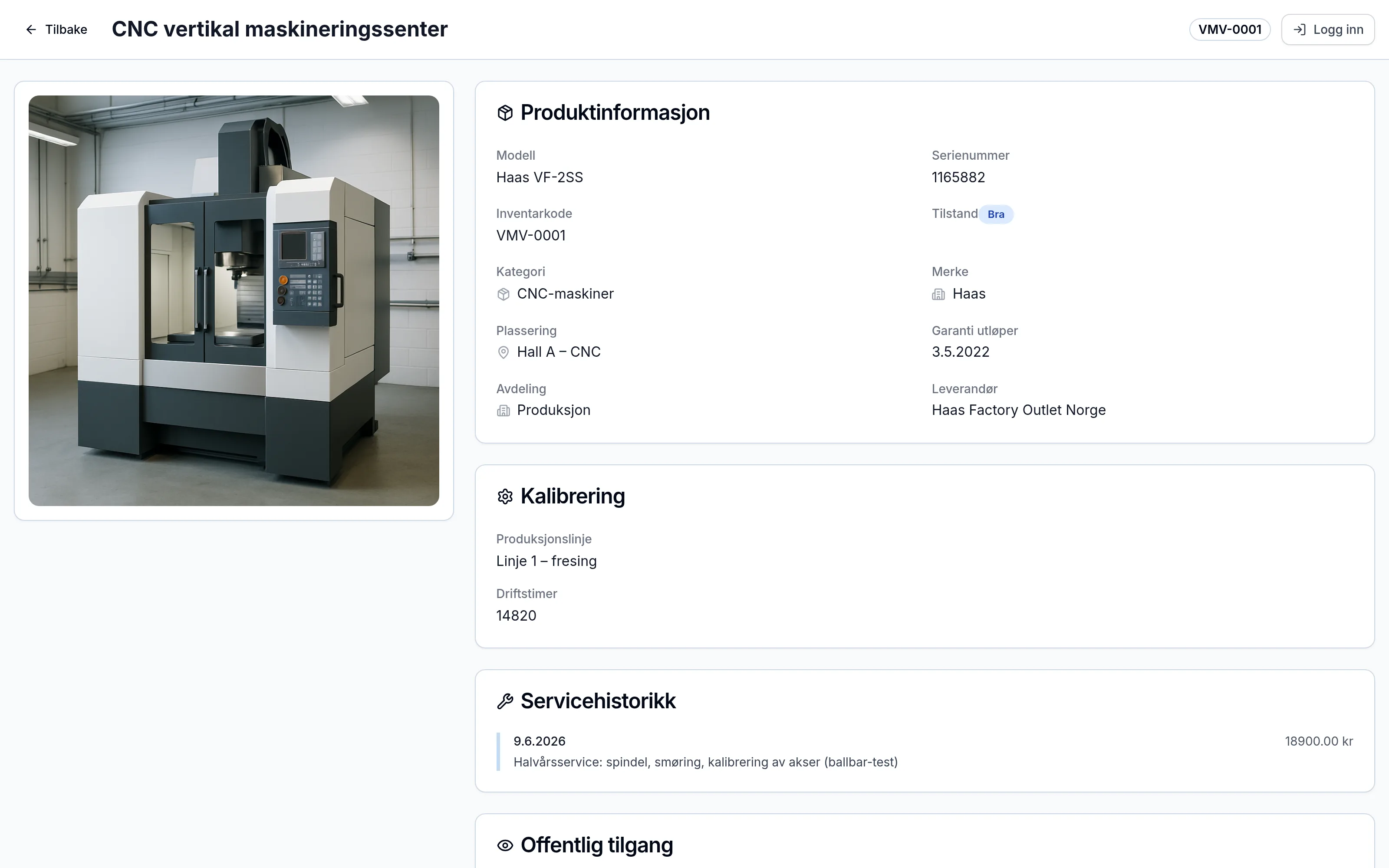 Offentlig QR-side for et inventarelement hos produksjon-og-industri – skannes med mobilen