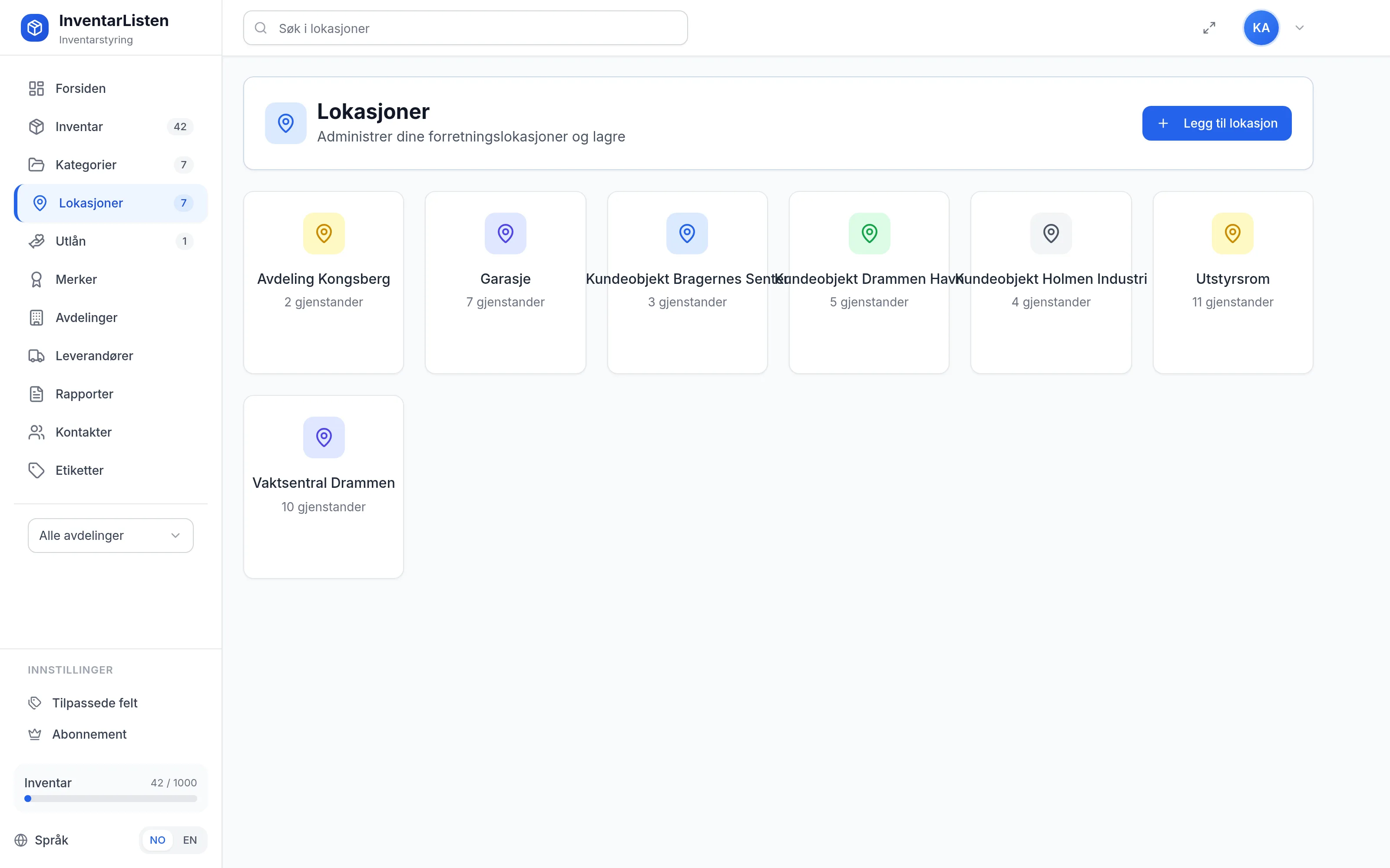 Plasseringer for sikkerhet-og-vakthold i InventarListen – hvor utstyret befinner seg